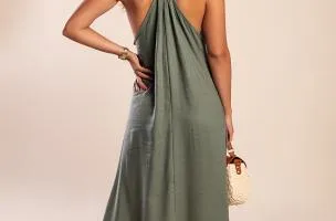 Maxi abito in lino, oliva
