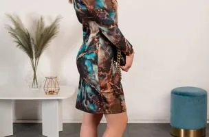 Mini abito aderente con stampa alla moda e maniche lunghe  Domingo, marrone-blu