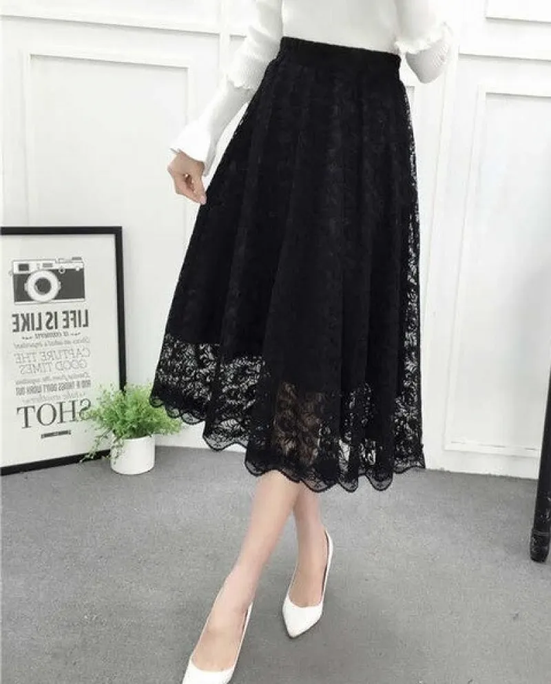 Moda elegante Pizzo Piuma Gancio Fiore Hollow Midi Gonna Donna 2022 Estate New Office Lady Commute Vita alta Aline Sk