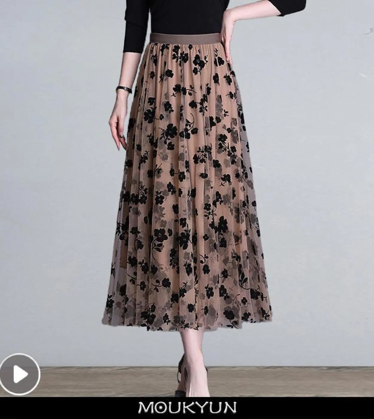 Moukyun Maglia Gonna Floreale Donna Primavera Elegante Caffè Gonna Lunga di Garza Moda A Vita Alta Puff Tutu Gonne Midi Falda