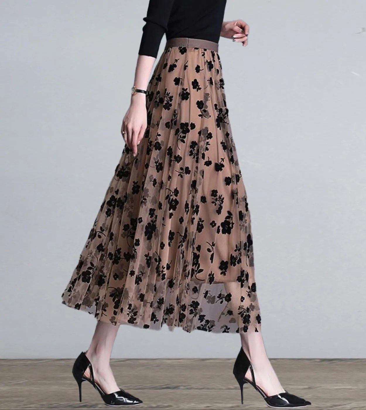 Moukyun Maglia Gonna Floreale Donna Primavera Elegante Caffè Gonna Lunga di Garza Moda A Vita Alta Puff Tutu Gonne Midi Falda