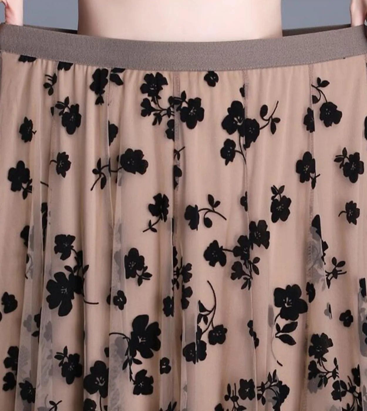 Moukyun Maglia Gonna Floreale Donna Primavera Elegante Caffè Gonna Lunga di Garza Moda A Vita Alta Puff Tutu Gonne Midi Falda