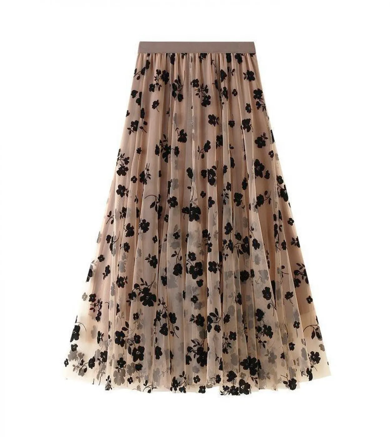 Moukyun Maglia Gonna Floreale Donna Primavera Elegante Caffè Gonna Lunga di Garza Moda A Vita Alta Puff Tutu Gonne Midi Falda