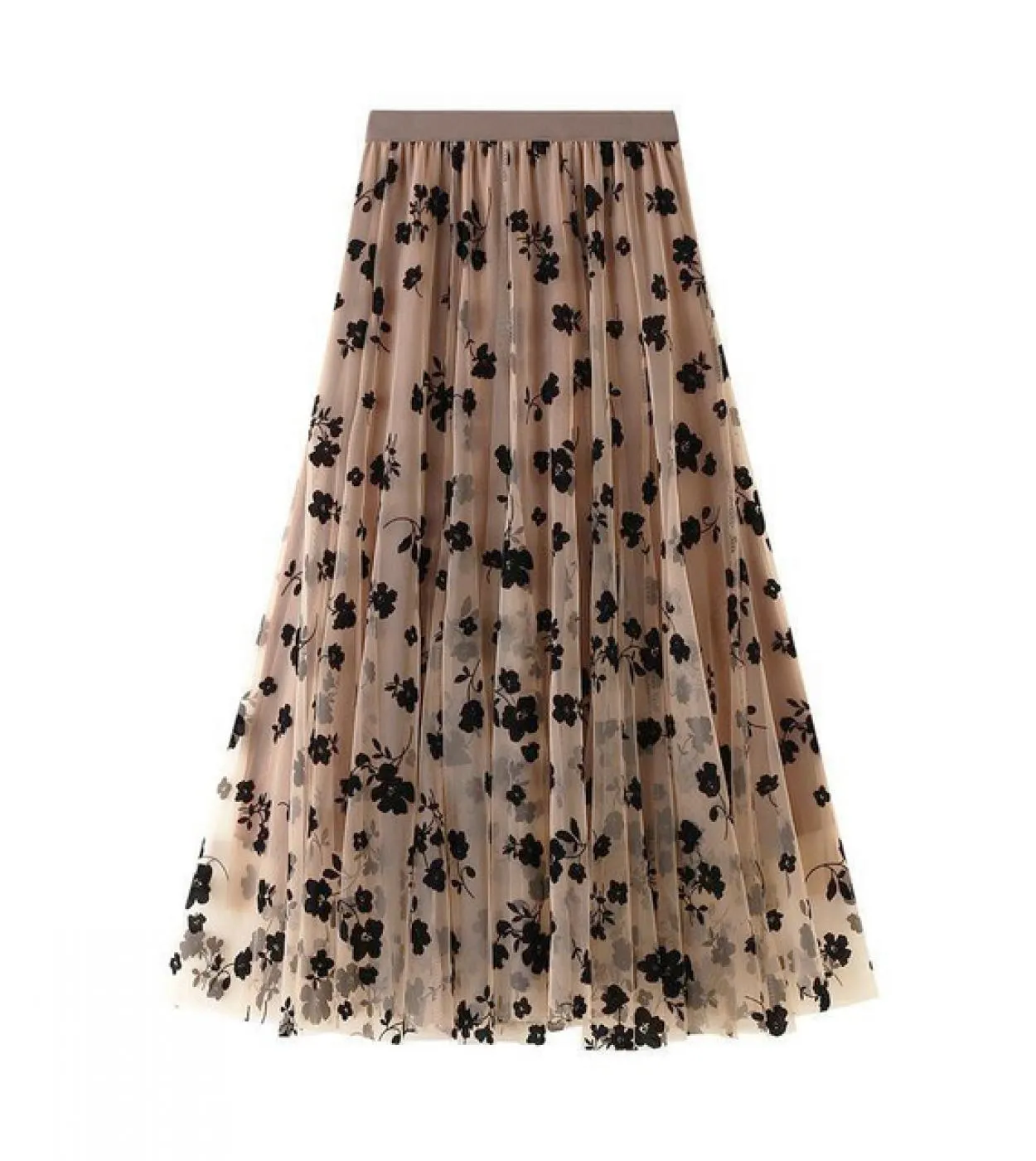 Moukyun Maglia Gonna Floreale Donna Primavera Elegante Caffè Gonna Lunga di Garza Moda A Vita Alta Puff Tutu Gonne Midi Falda