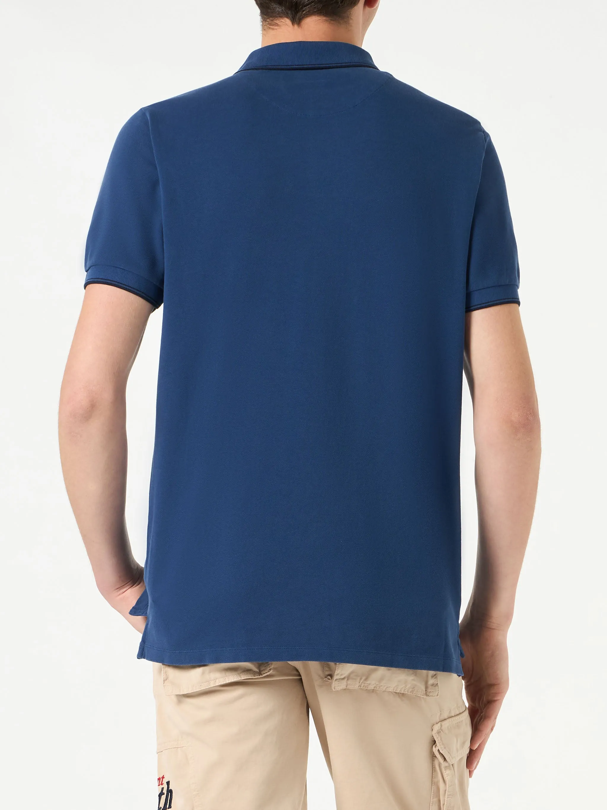 Polo in denim piquet blu con logo St. Barth