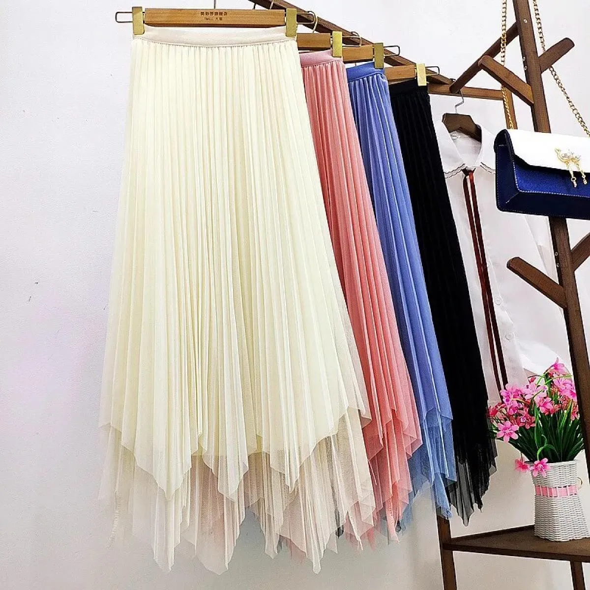 Primavera Estate Irregolare A Vita Alta Pannello Esterno di Tulle Delle Donne 2022 di Nuovo Modo Midi Maglia Lunga Gonna a Piegh