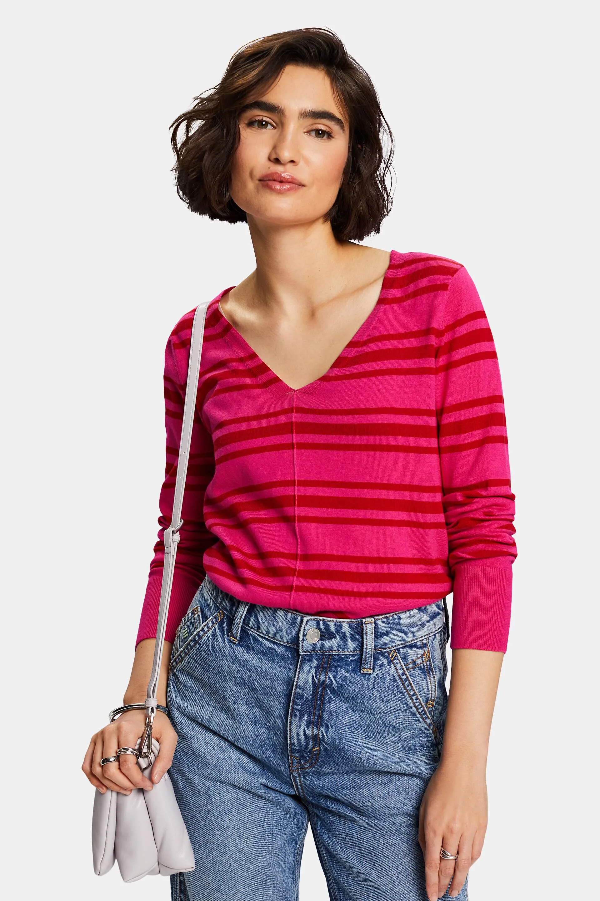 Pullover con scollo a V in cotone a righe