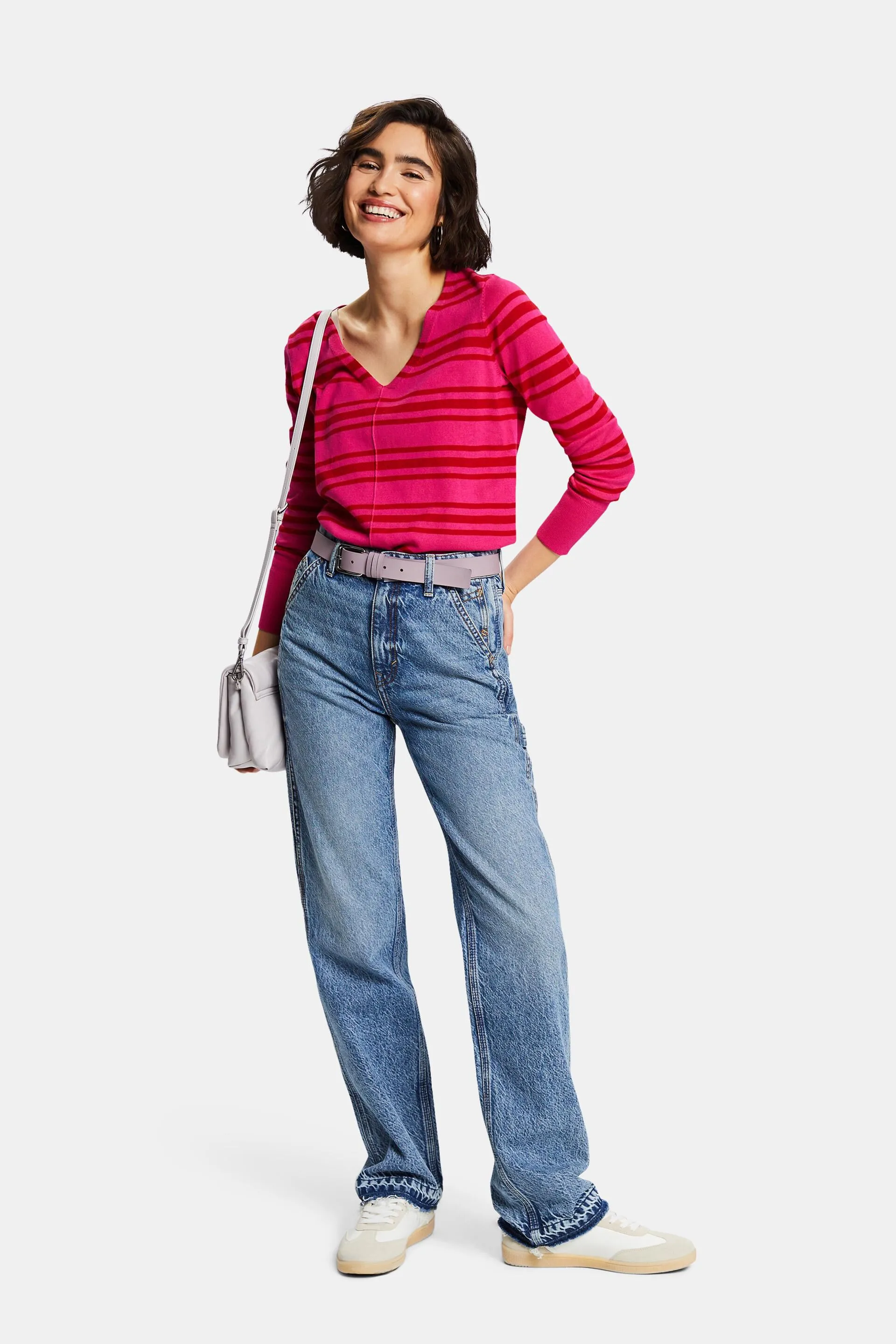 Pullover con scollo a V in cotone a righe