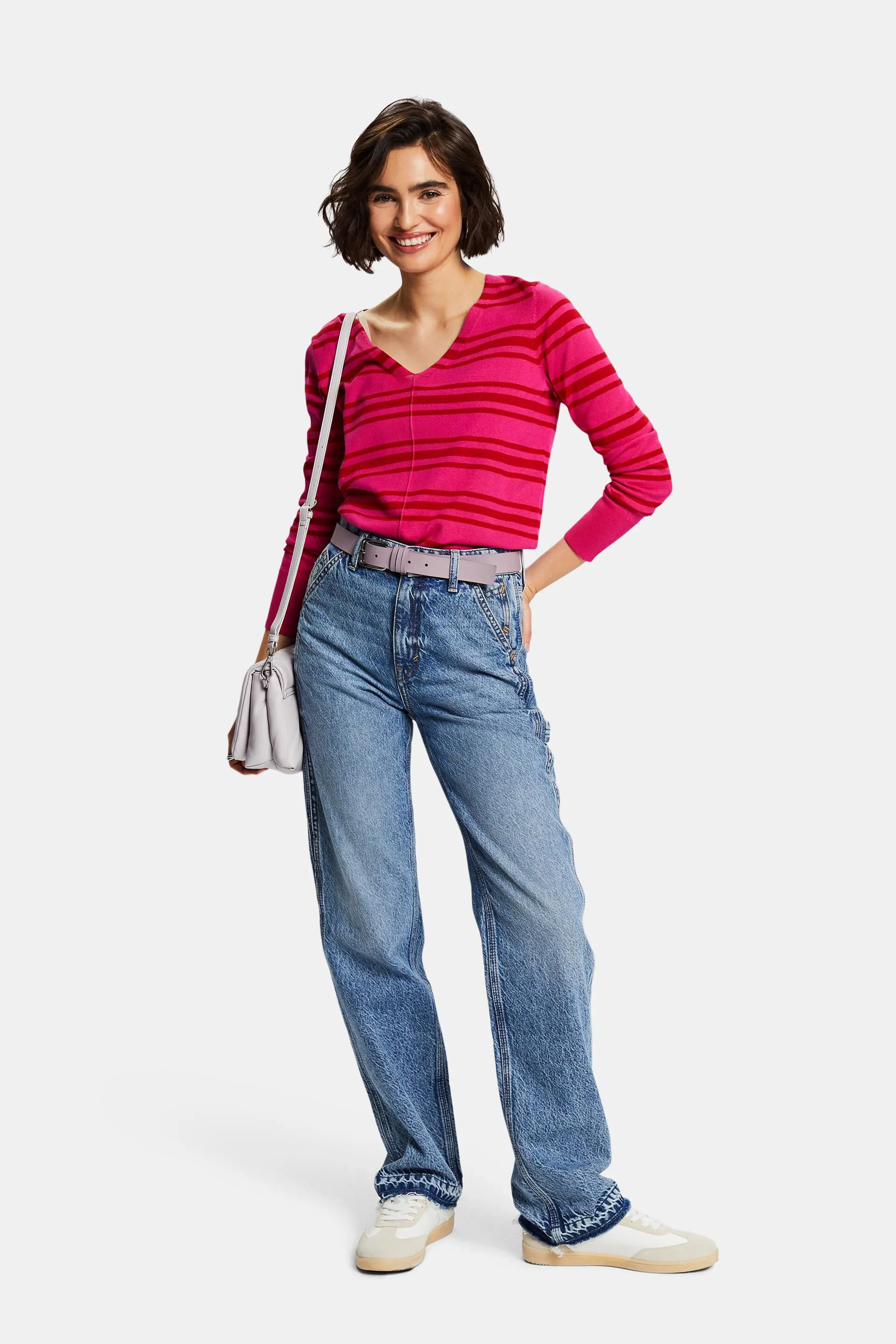 Pullover con scollo a V in cotone a righe