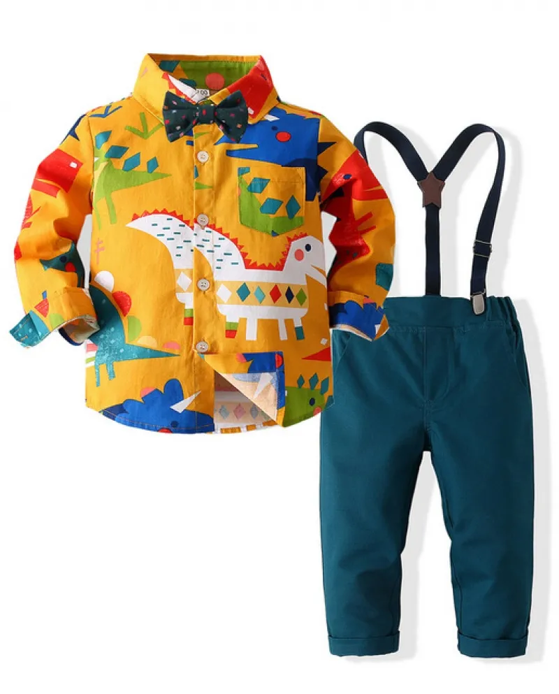 Ragazzi Gentleman Dinosaur Shirt Tuta 2022 Primavera Autunno Bambini Costume Festival con bretella 4 pezzi Bambini Party Cotto