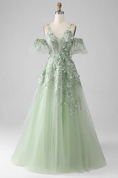 Sage A-Line Maniche staccabili lungo Corsetto Abito da ballo con fiori