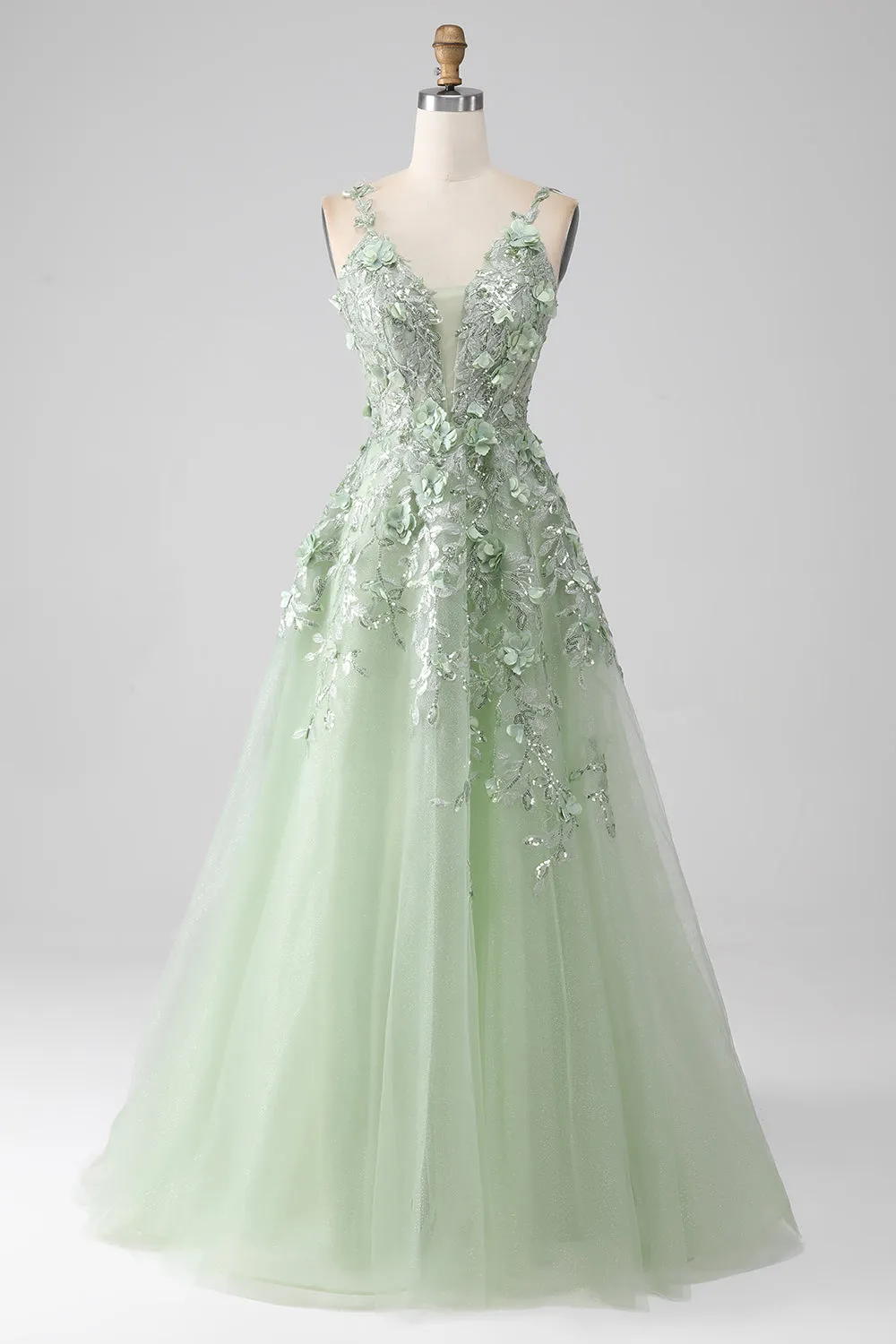 Sage A-Line Maniche staccabili lungo Corsetto Abito da ballo con fiori