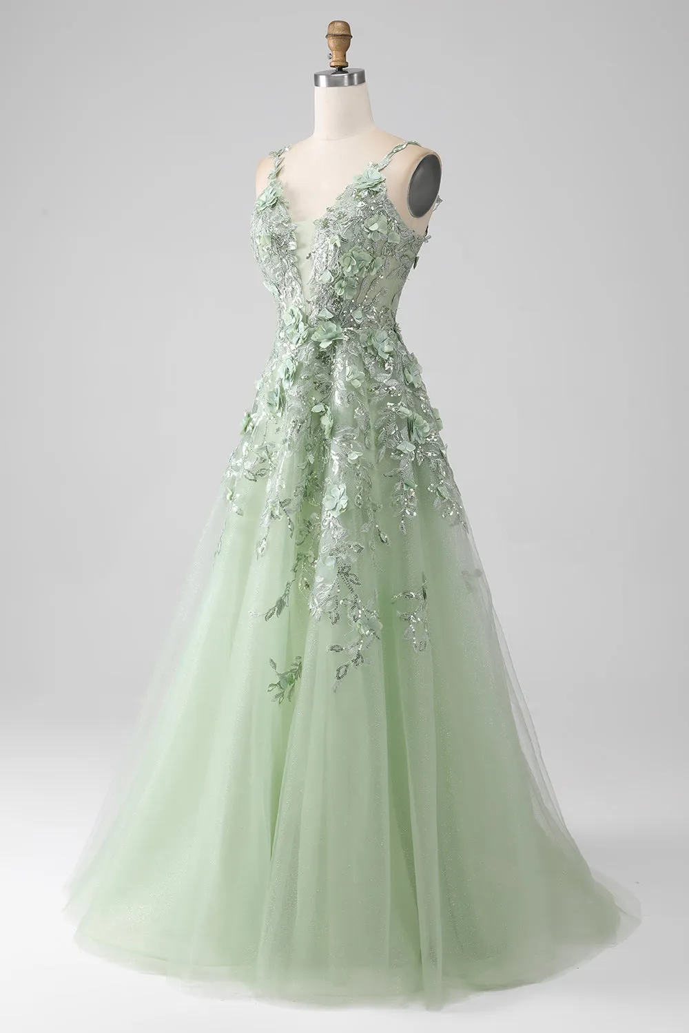 Sage A-Line Maniche staccabili lungo Corsetto Abito da ballo con fiori