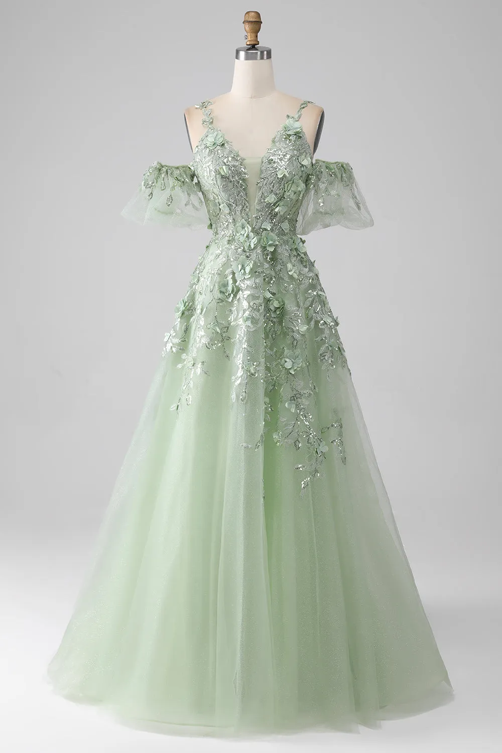 Sage A-Line Maniche staccabili lungo Corsetto Abito da ballo con fiori