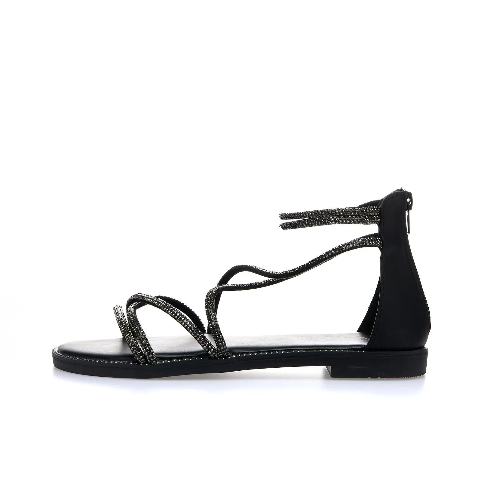 Sandali bassi neri con zip e cinturini con strass