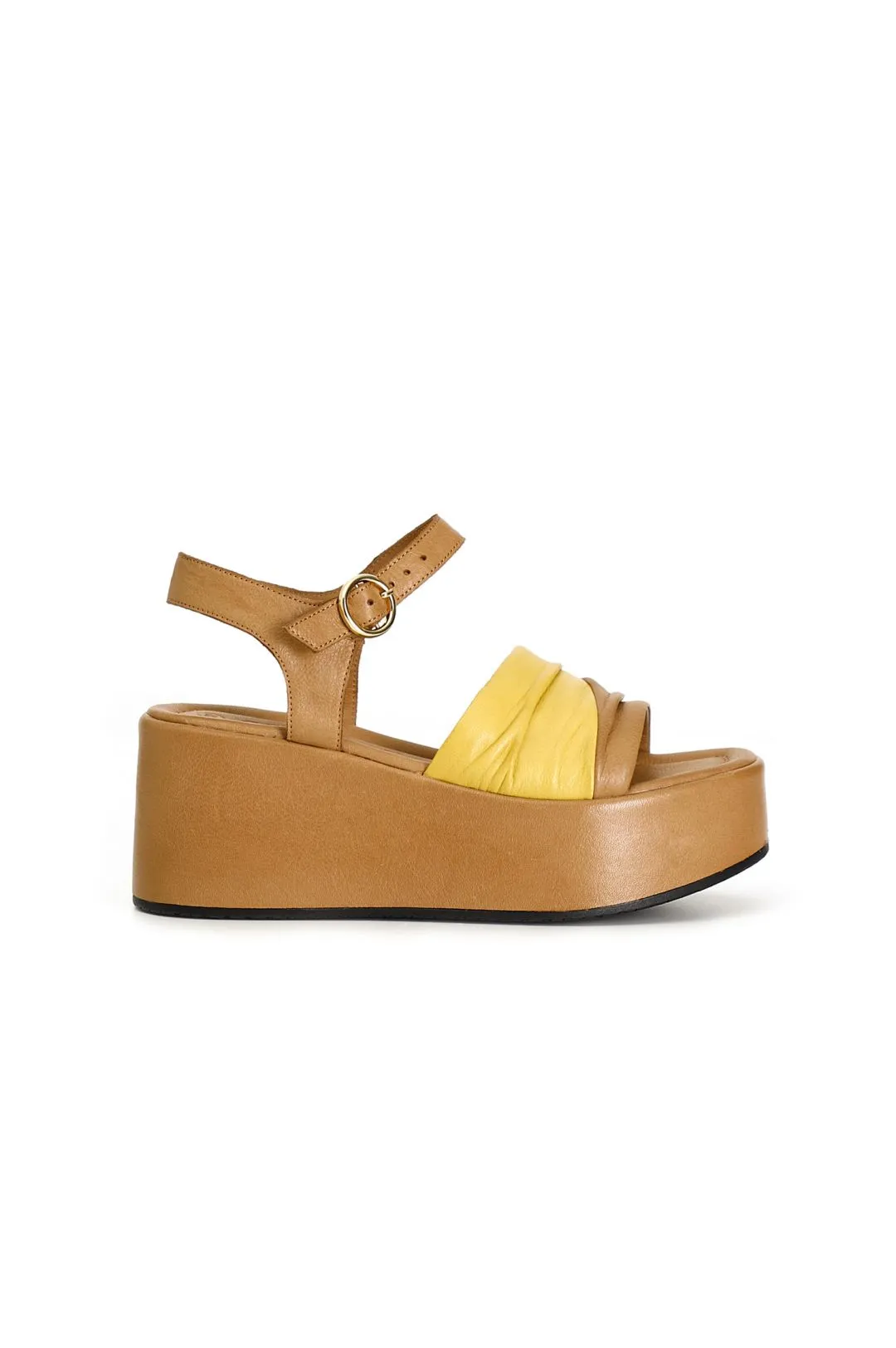 sandali gilda bicolore in pelle cuoio/giallo