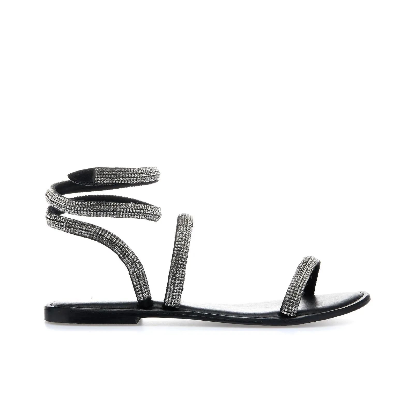 Sandali neri bassi in pelle con strass