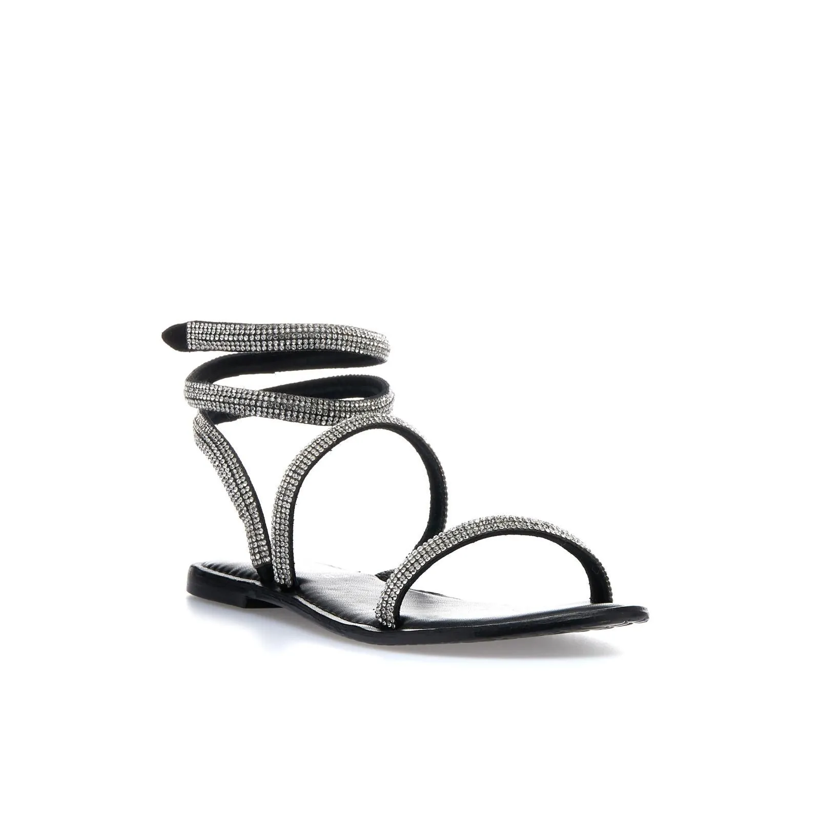 Sandali neri bassi in pelle con strass