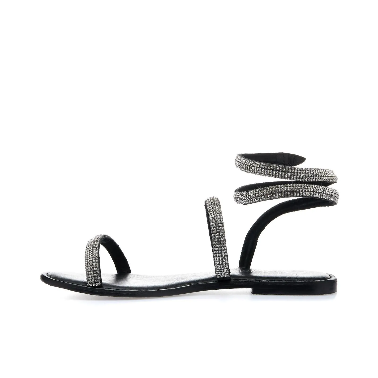 Sandali neri bassi in pelle con strass
