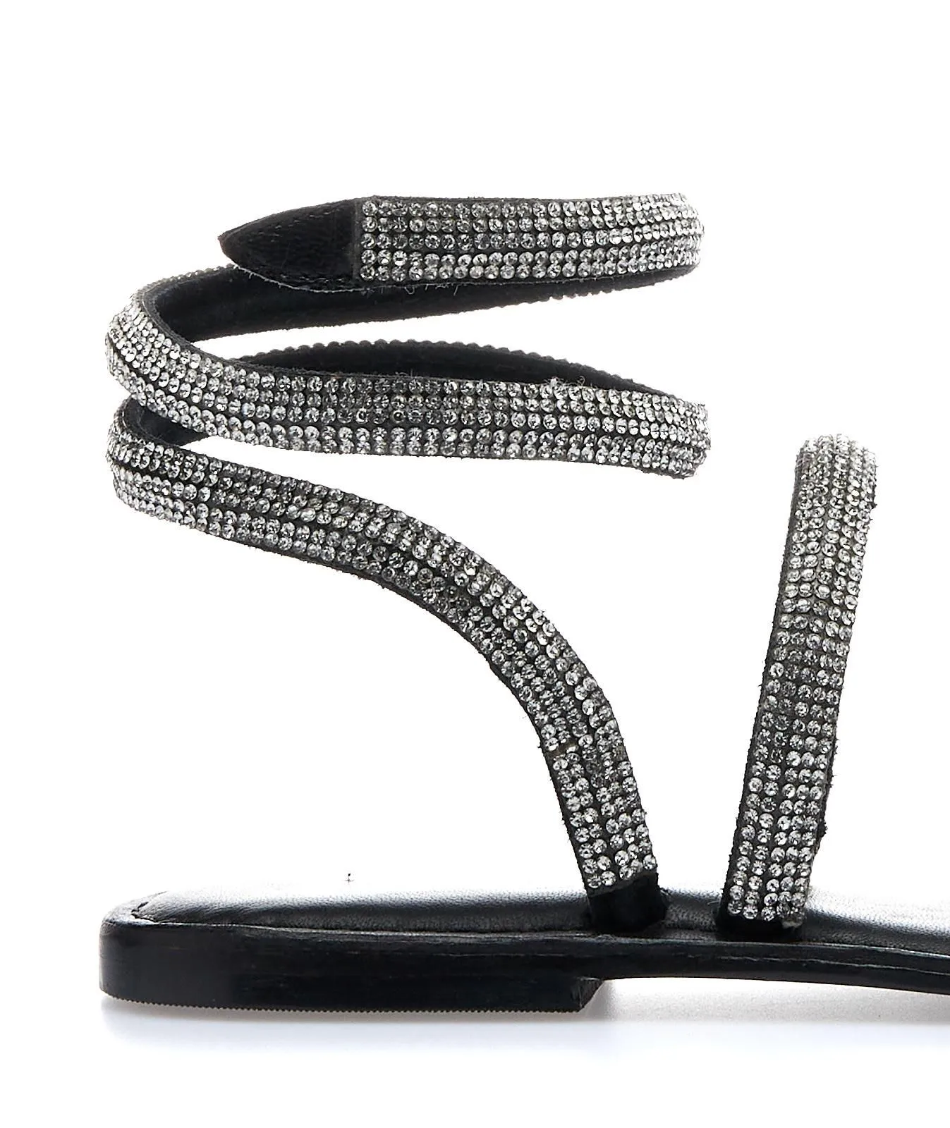 Sandali neri bassi in pelle con strass