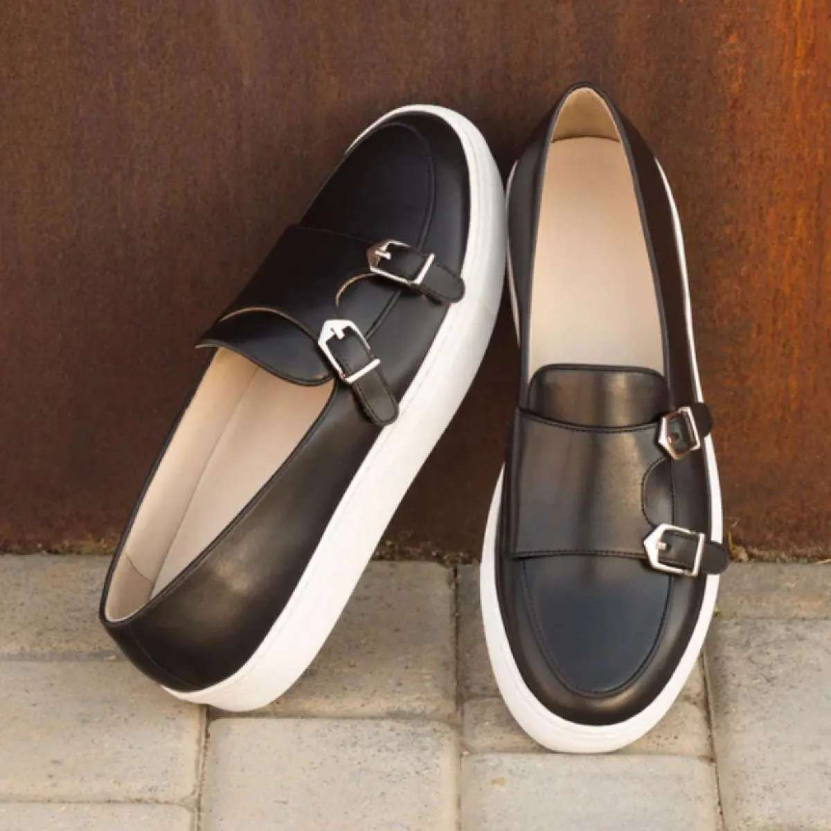 Scarpe sportive da uomo Scarpe vulcanizzate casual Scarpe da monaco con doppia fibbia fatte a mano nere marroni Scarpe da uomo d