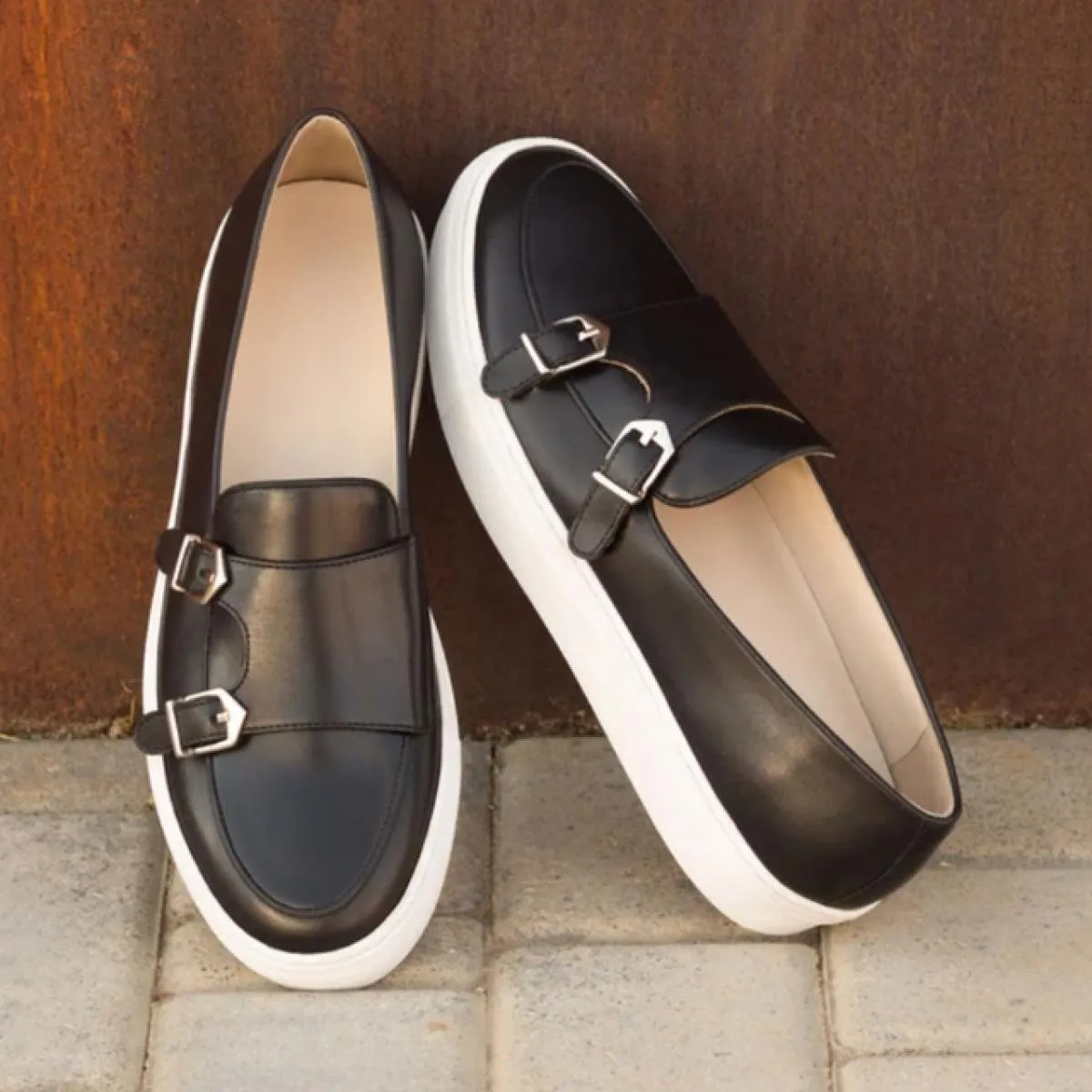 Scarpe sportive da uomo Scarpe vulcanizzate casual Scarpe da monaco con doppia fibbia fatte a mano nere marroni Scarpe da uomo d