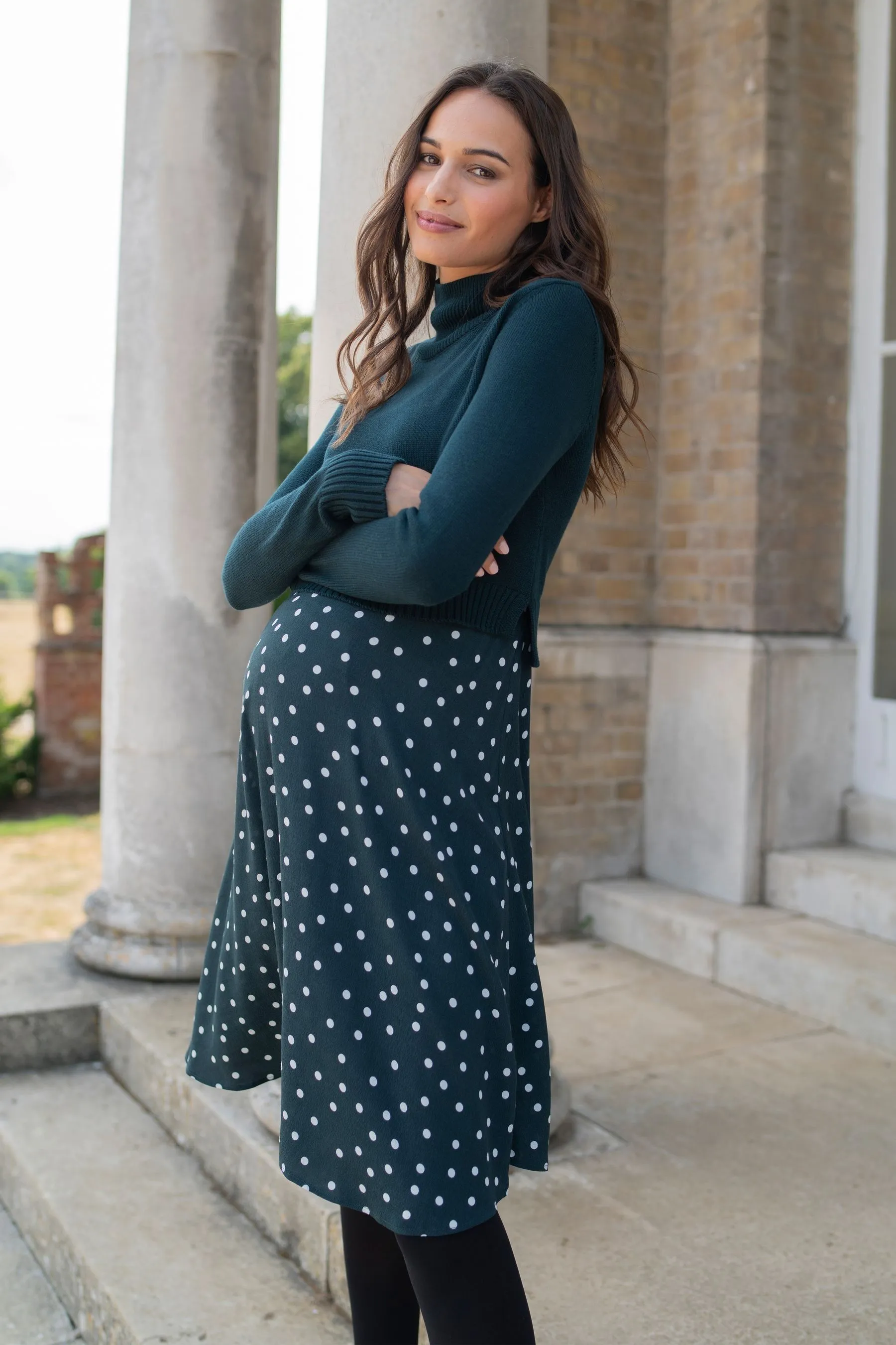 Seraphine Verde - Abito premaman in maglia con A pois gonna