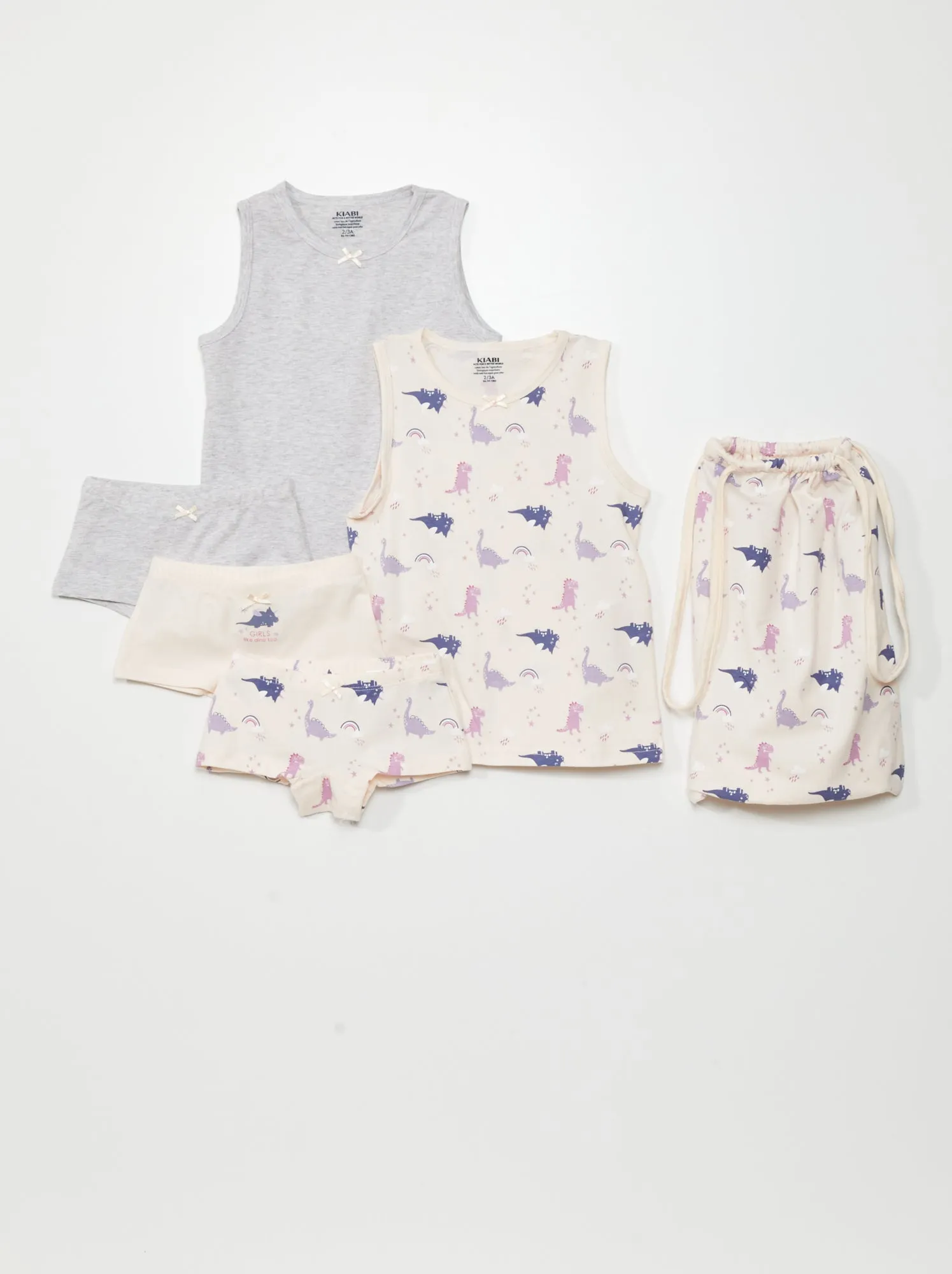 Set di 2 t-shirt + 3 culotte + 1 borsa a sacchetto -  6 pezzi - dino