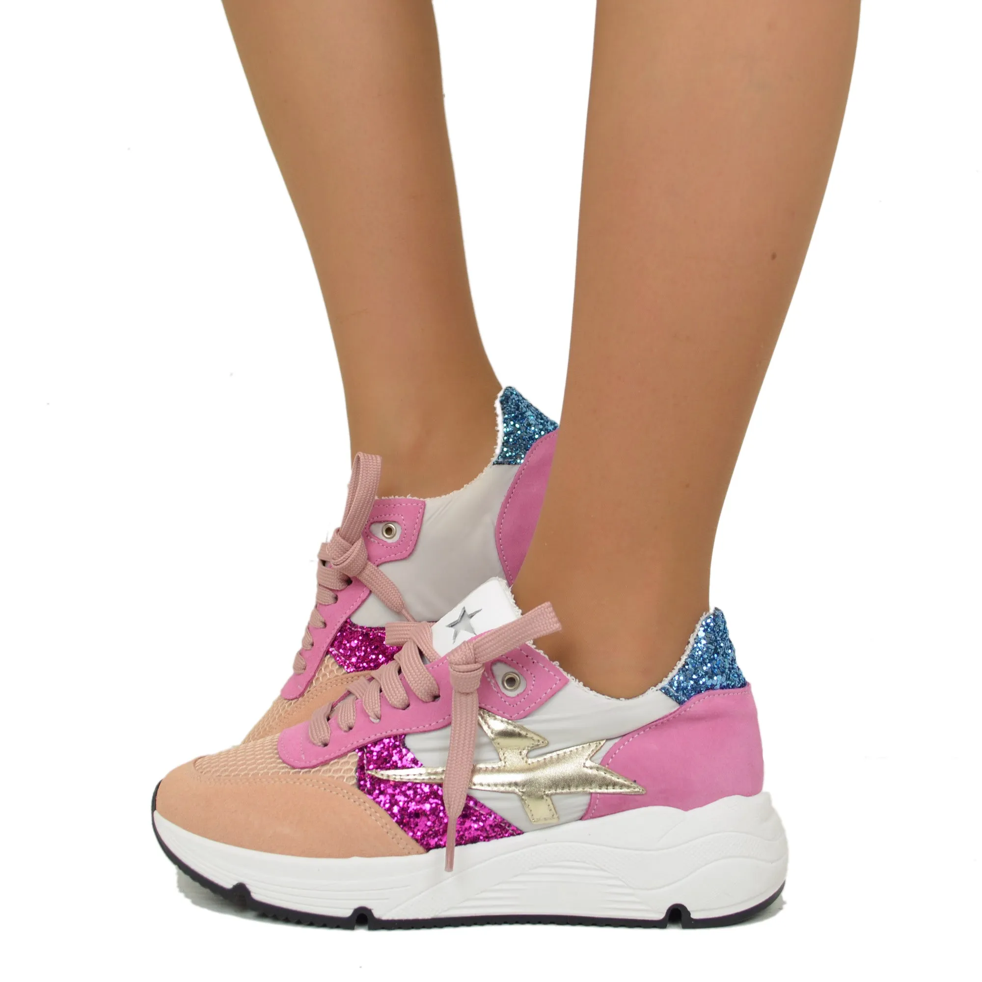 Sneakers Glitter in Pelle Scamosciata Pink Fondo Platform Morbido