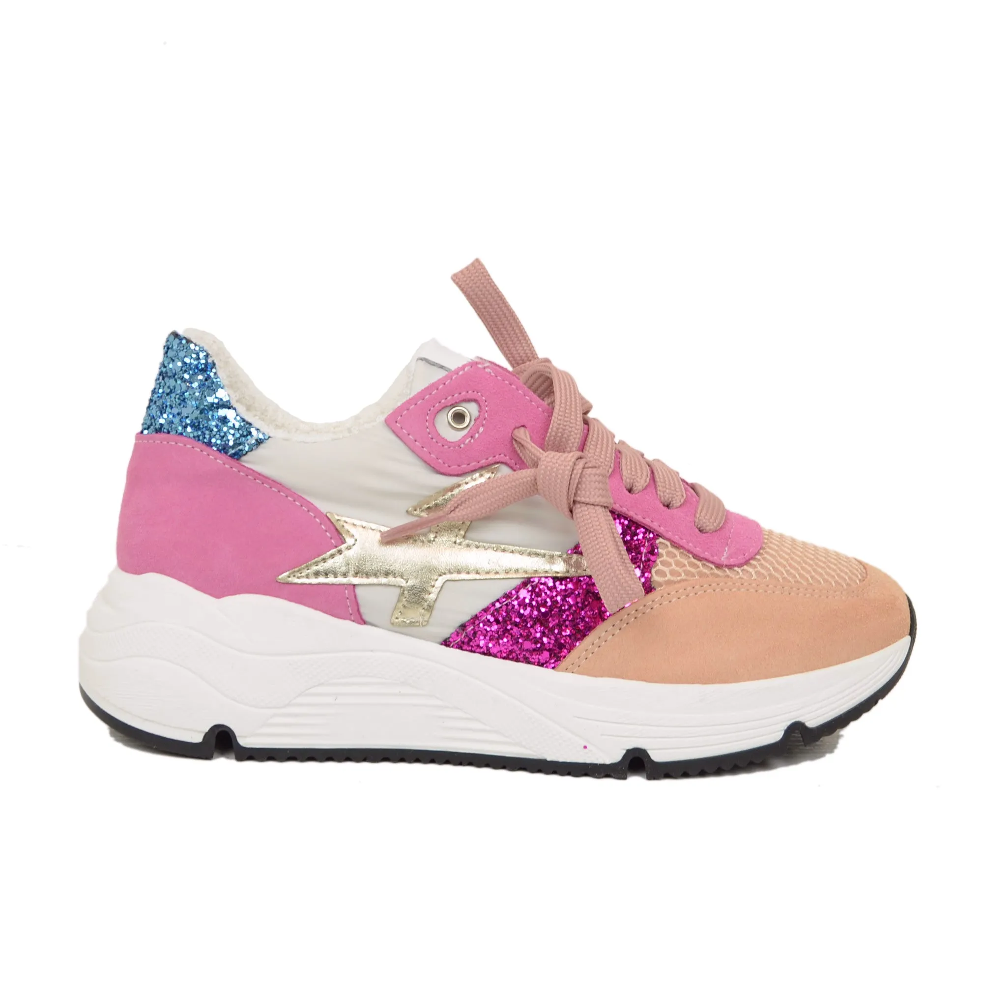 Sneakers Glitter in Pelle Scamosciata Pink Fondo Platform Morbido