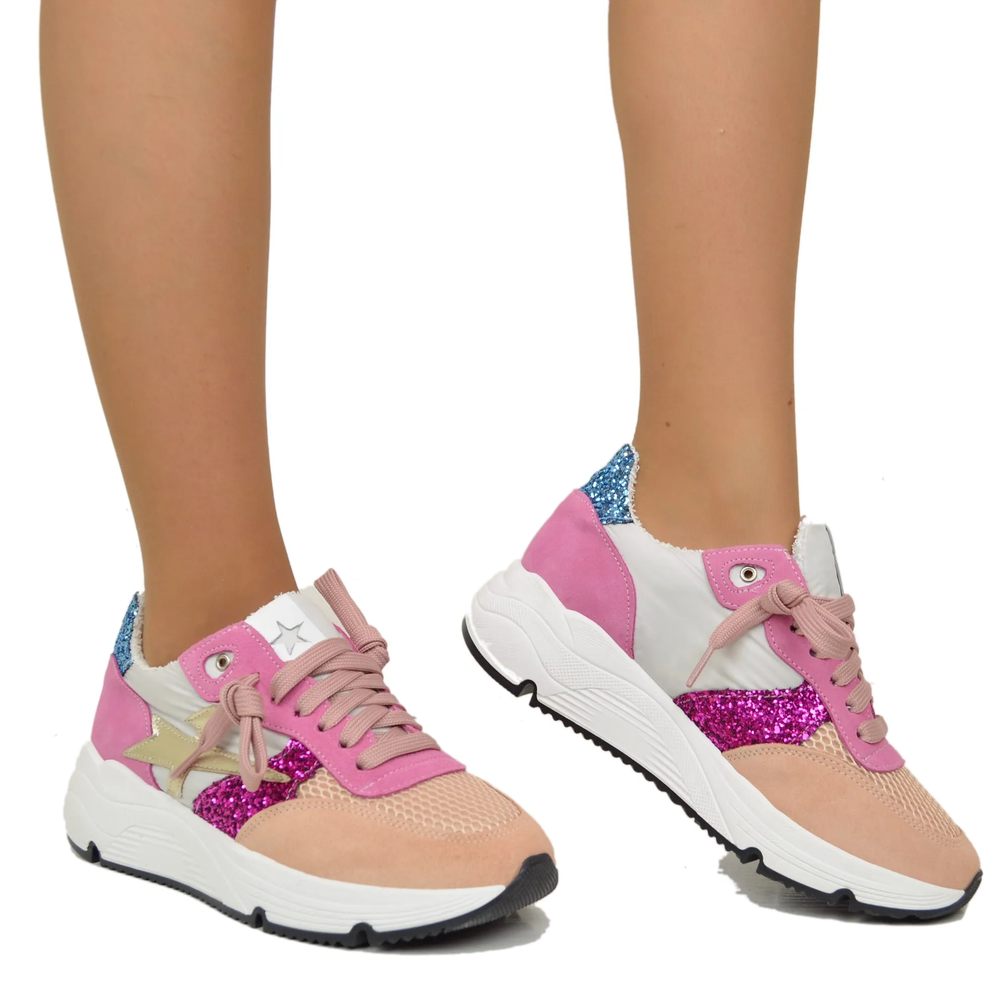 Sneakers Glitter in Pelle Scamosciata Pink Fondo Platform Morbido