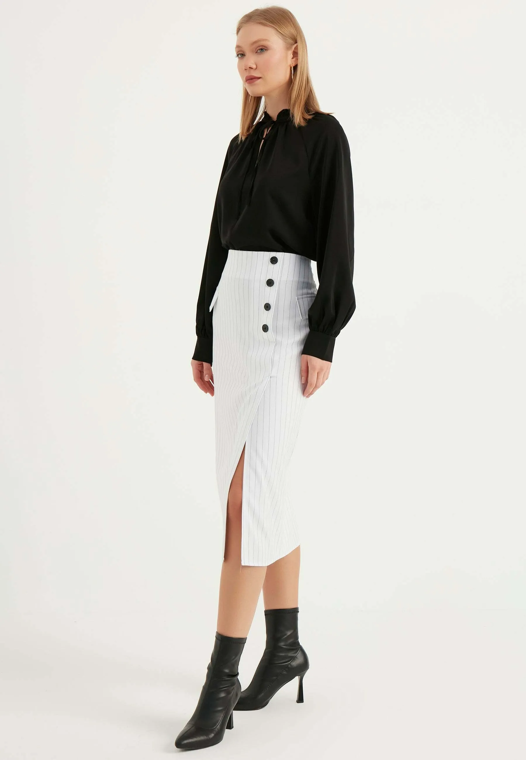 STRIPED BUTTON DETAIL SLIT - Gonna a tubino