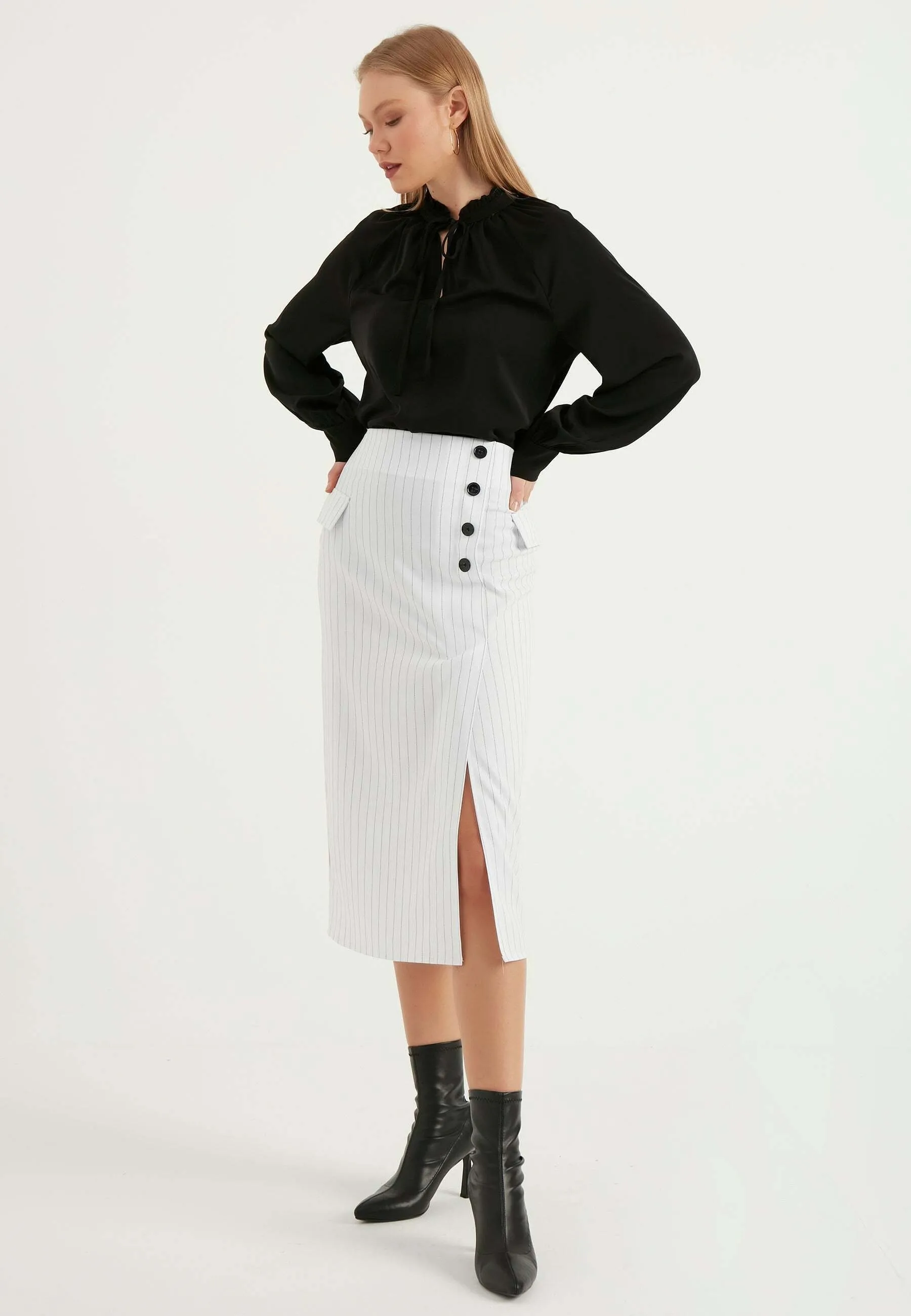 STRIPED BUTTON DETAIL SLIT - Gonna a tubino