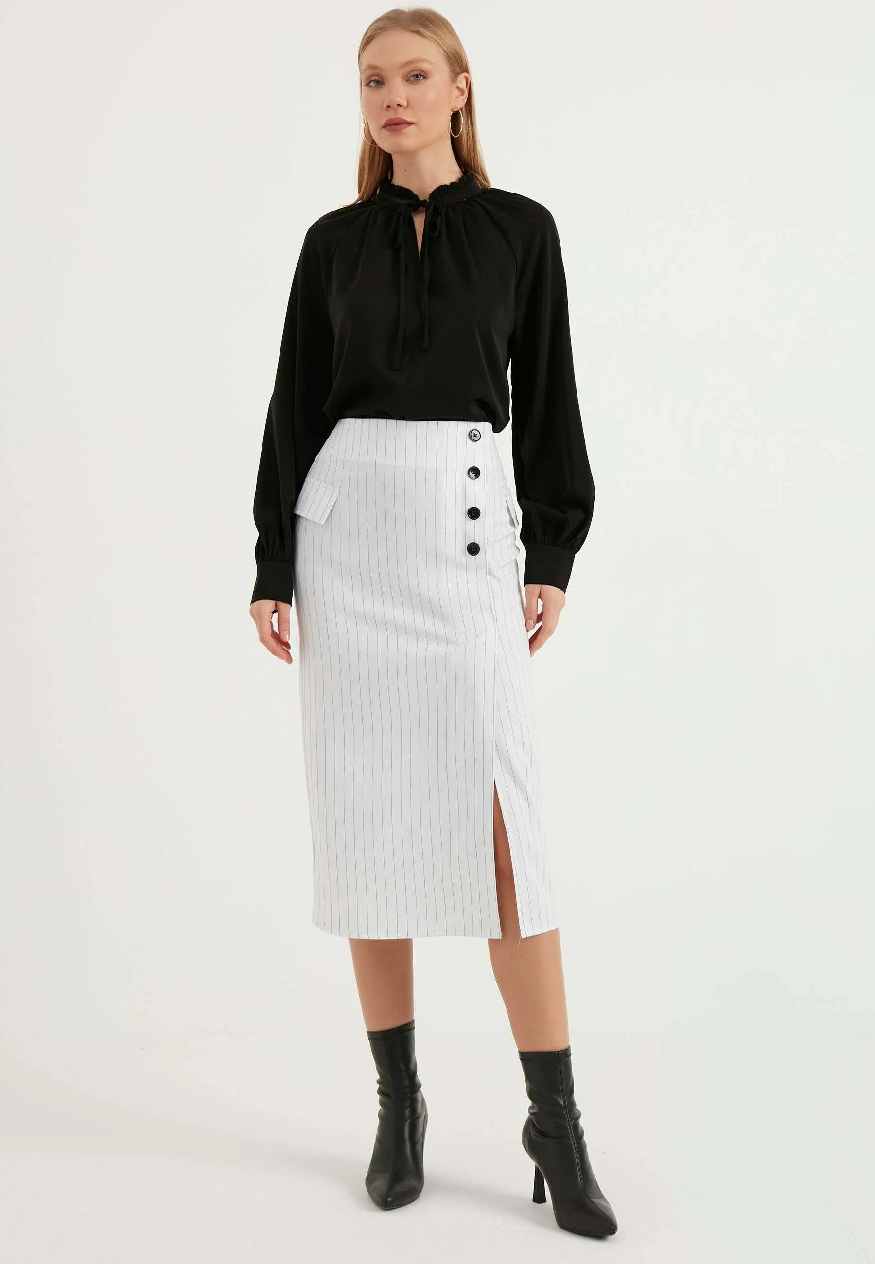 STRIPED BUTTON DETAIL SLIT - Gonna a tubino