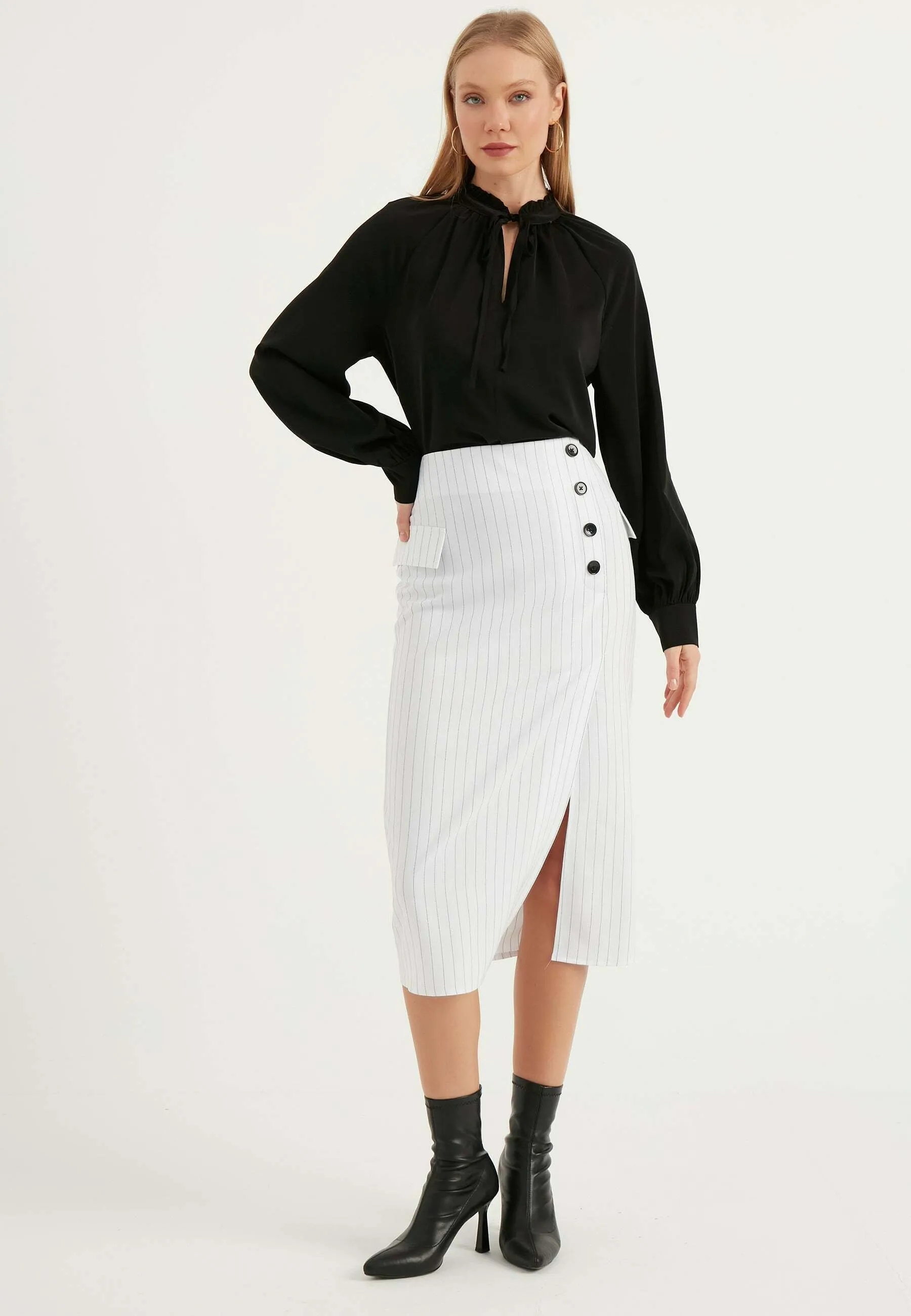 STRIPED BUTTON DETAIL SLIT - Gonna a tubino