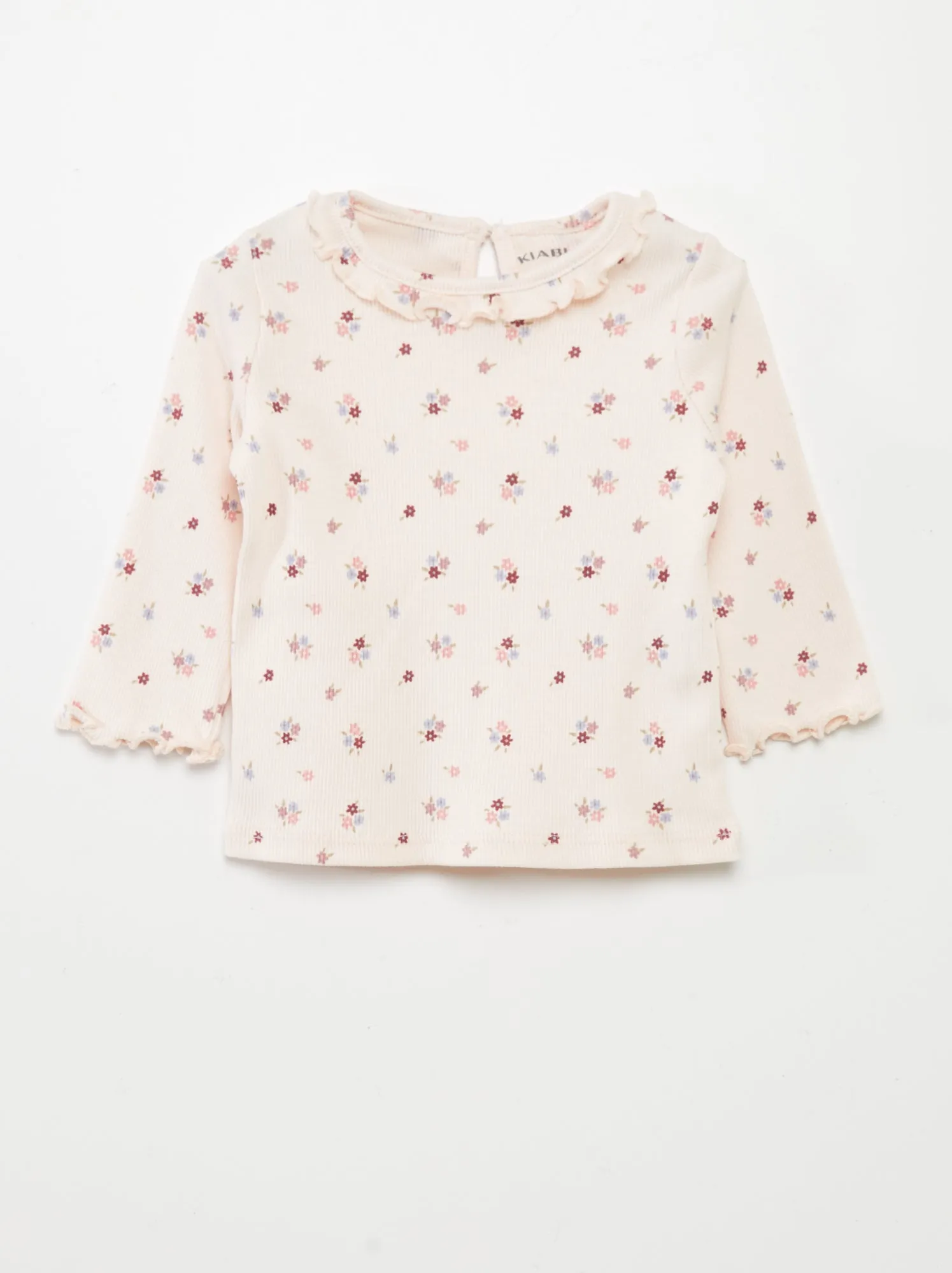 T-shirt in maglia a coste con collo con volant - ROSA