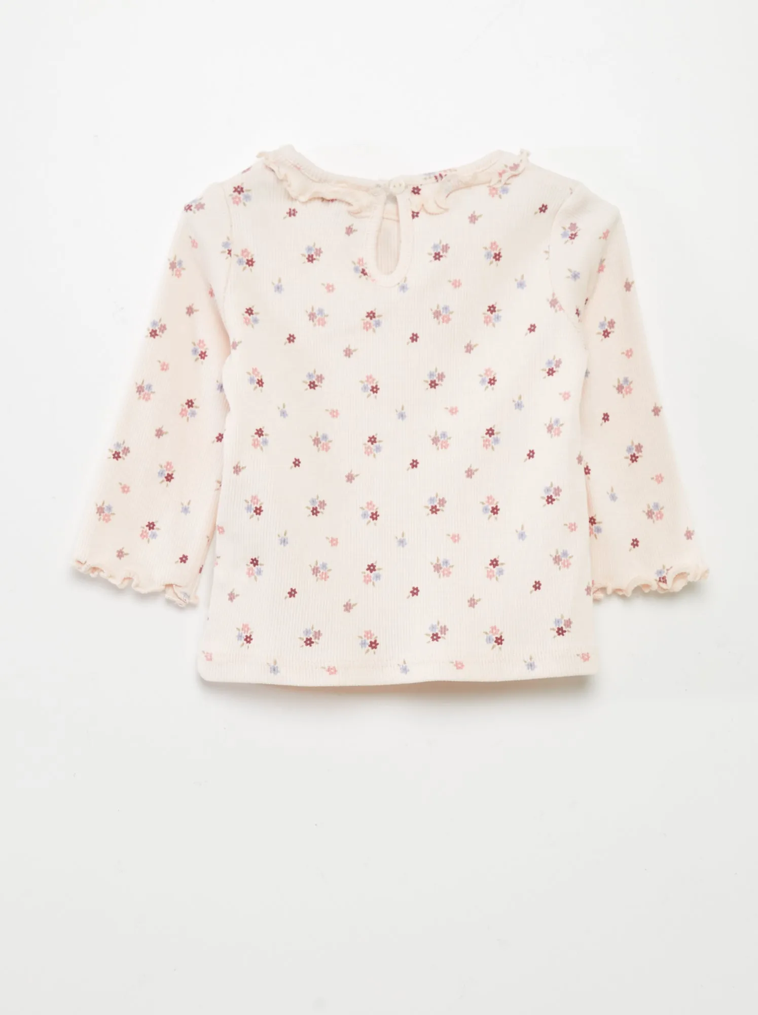 T-shirt in maglia a coste con collo con volant - ROSA