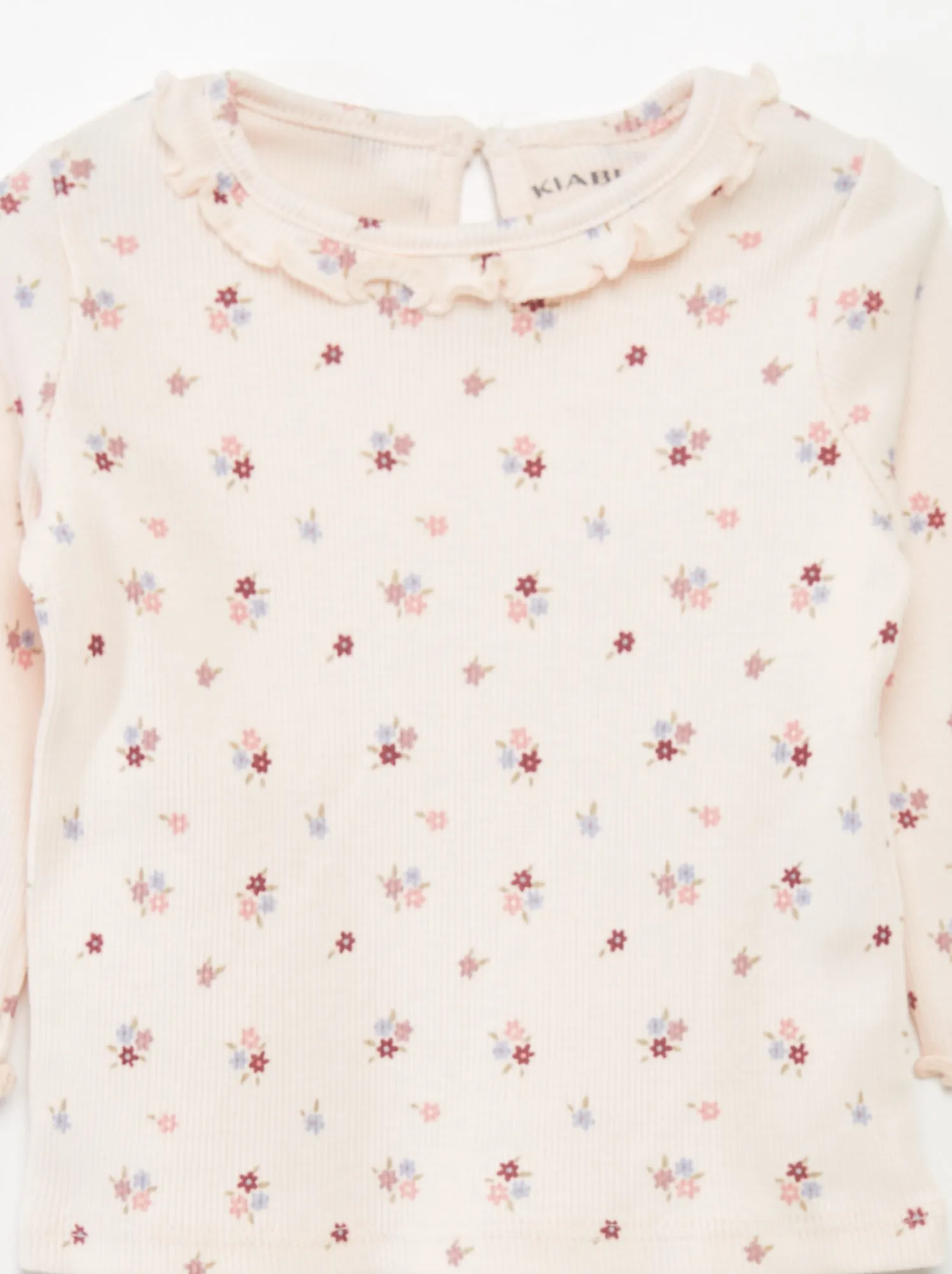 T-shirt in maglia a coste con collo con volant - ROSA