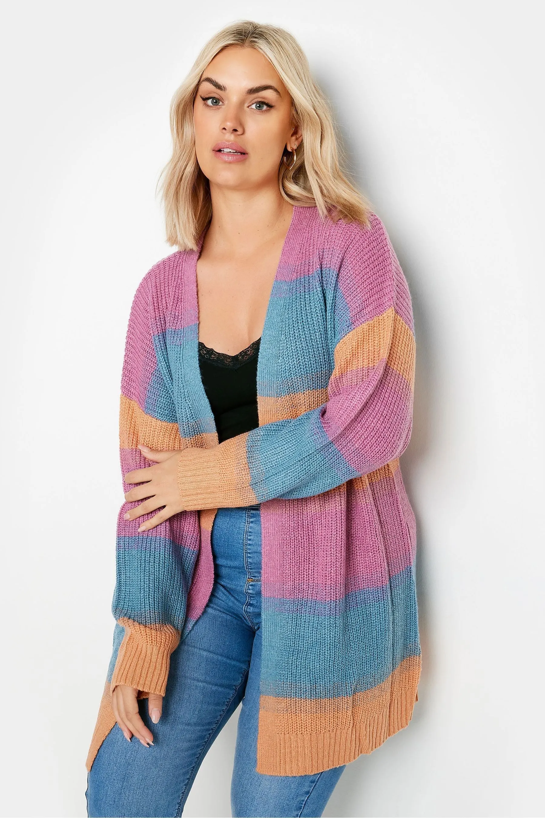Yours Curve - Rosa e Blu pastello - Cardigan A righe lavorato a maglia sfumato
