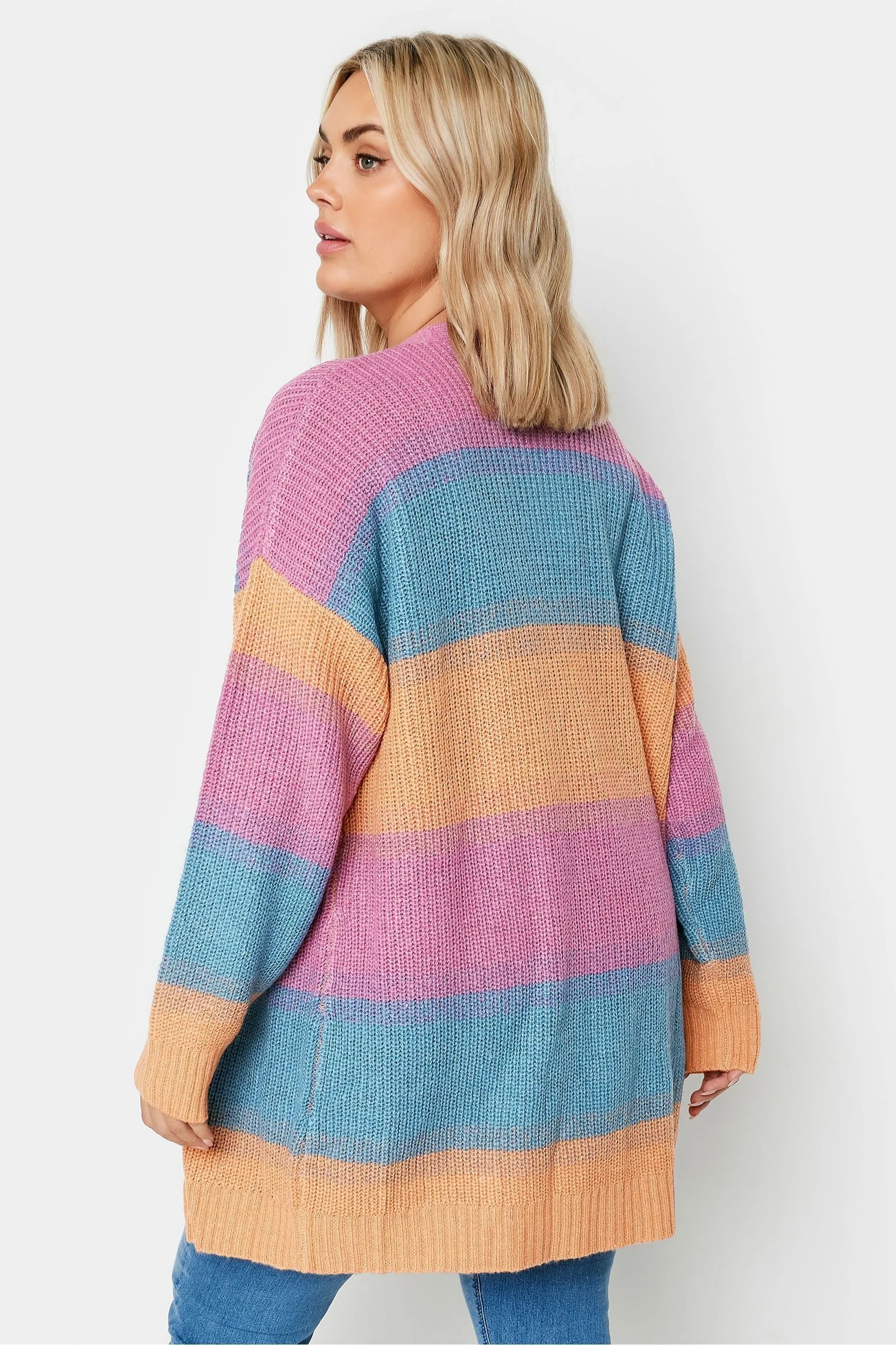 Yours Curve - Rosa e Blu pastello - Cardigan A righe lavorato a maglia sfumato