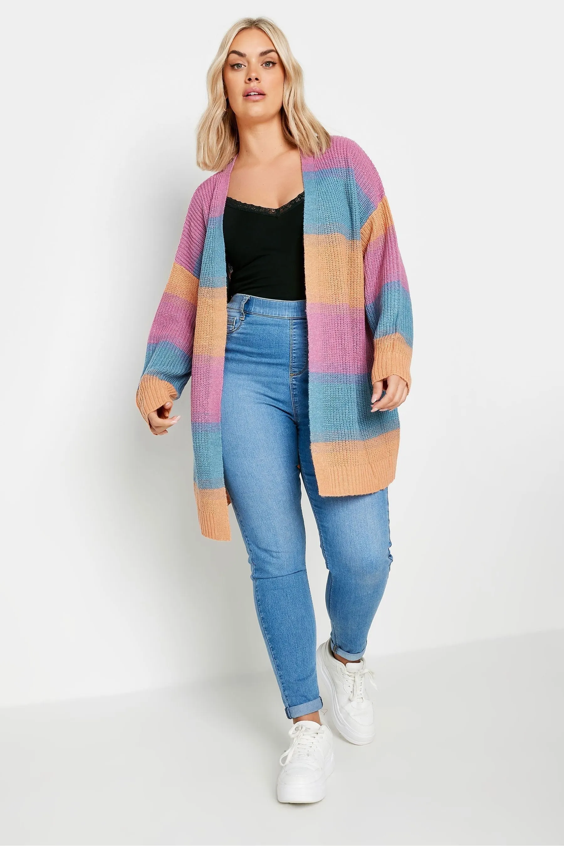Yours Curve - Rosa e Blu pastello - Cardigan A righe lavorato a maglia sfumato