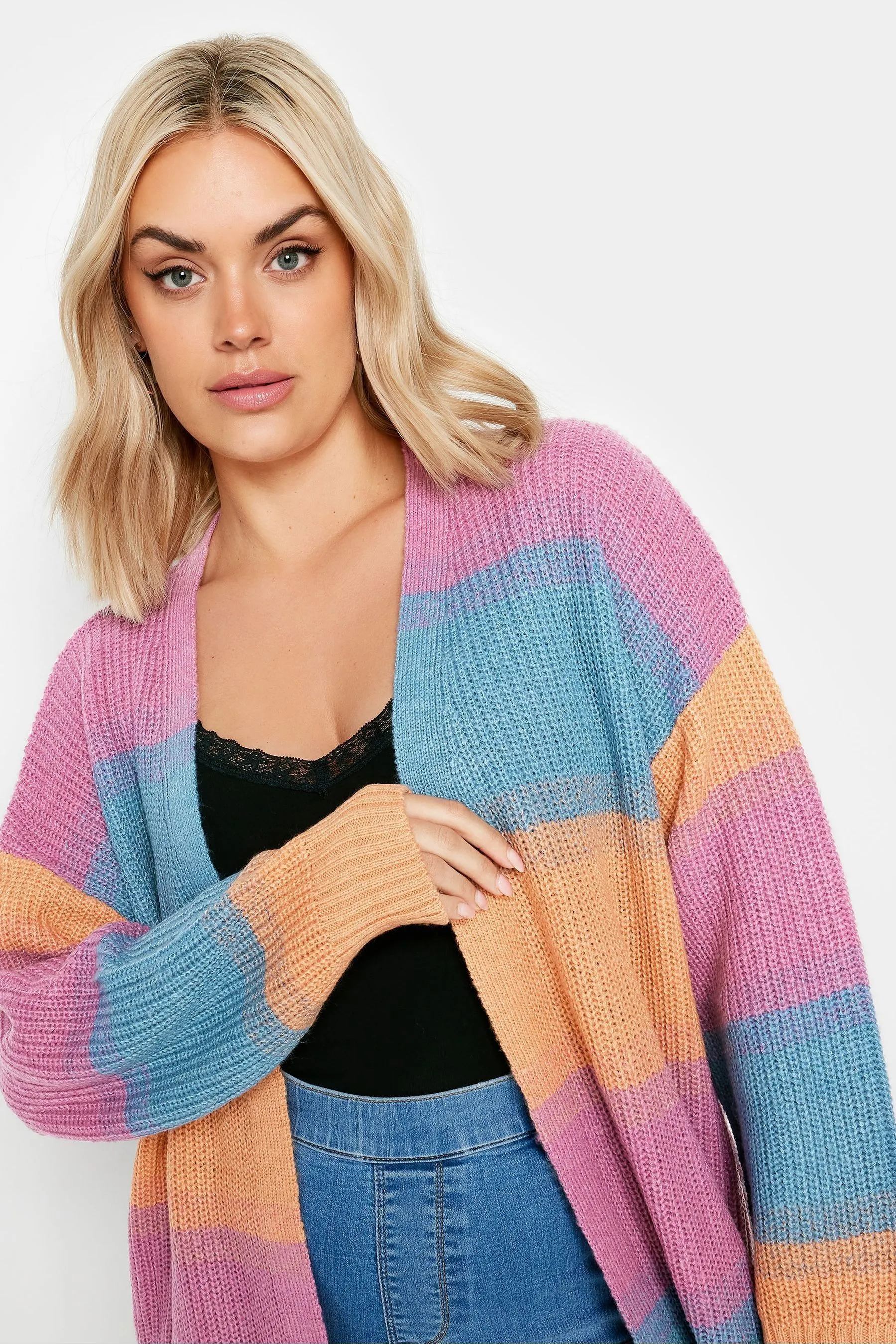 Yours Curve - Rosa e Blu pastello - Cardigan A righe lavorato a maglia sfumato