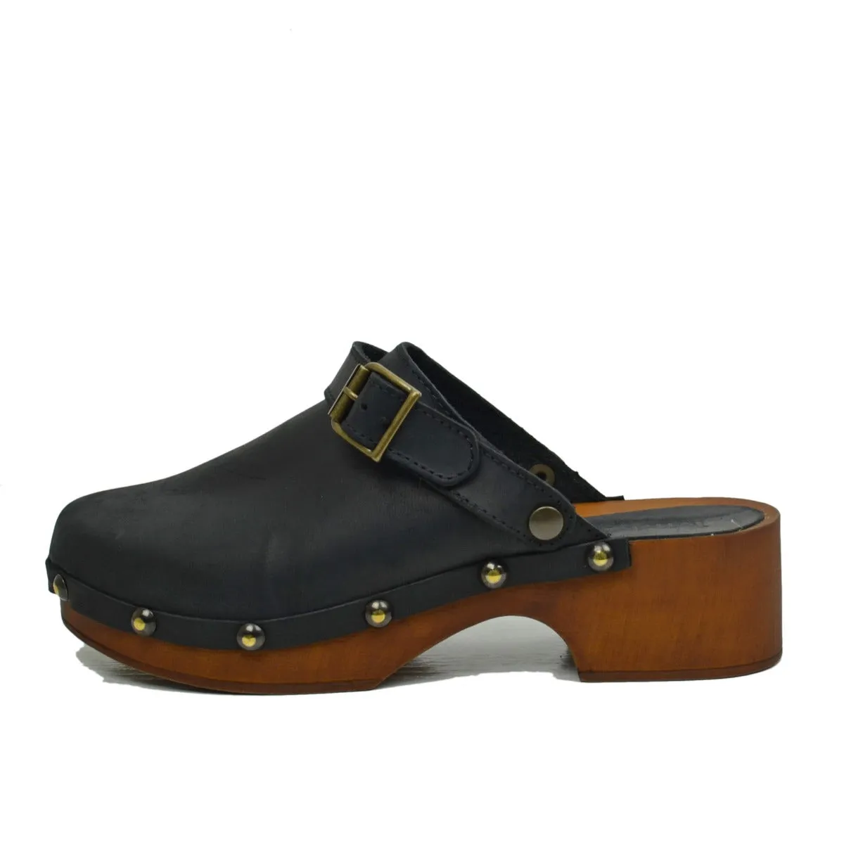 Zoccolo Donna in Pelle Ingrassata Neri Made in Italy