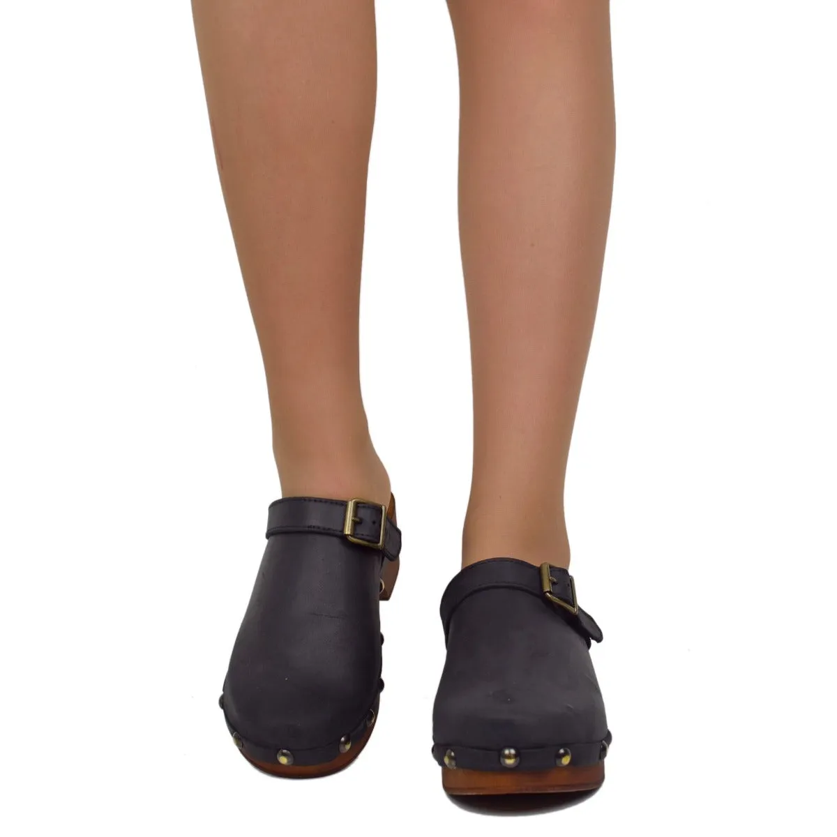 Zoccolo Donna in Pelle Ingrassata Neri Made in Italy