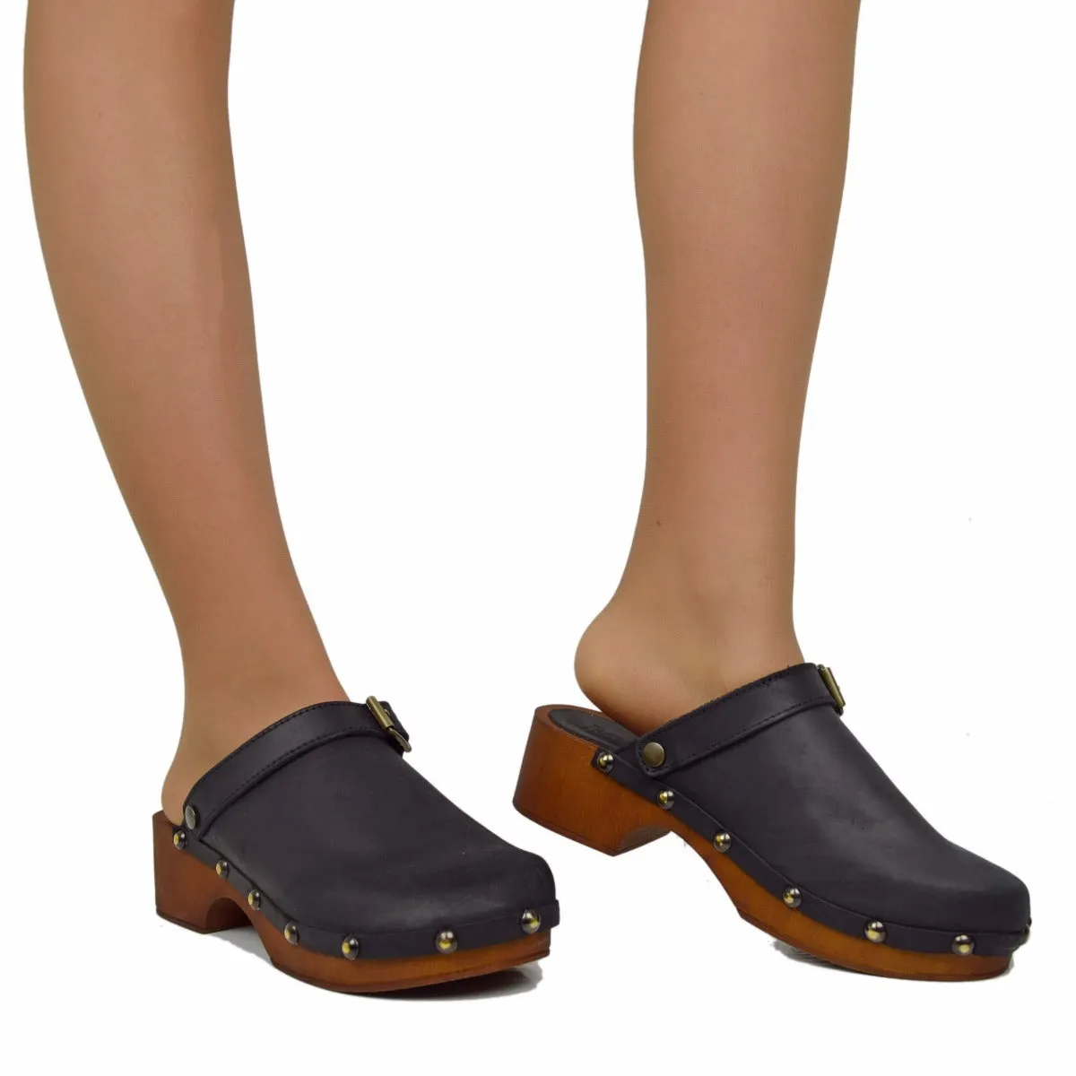 Zoccolo Donna in Pelle Ingrassata Neri Made in Italy