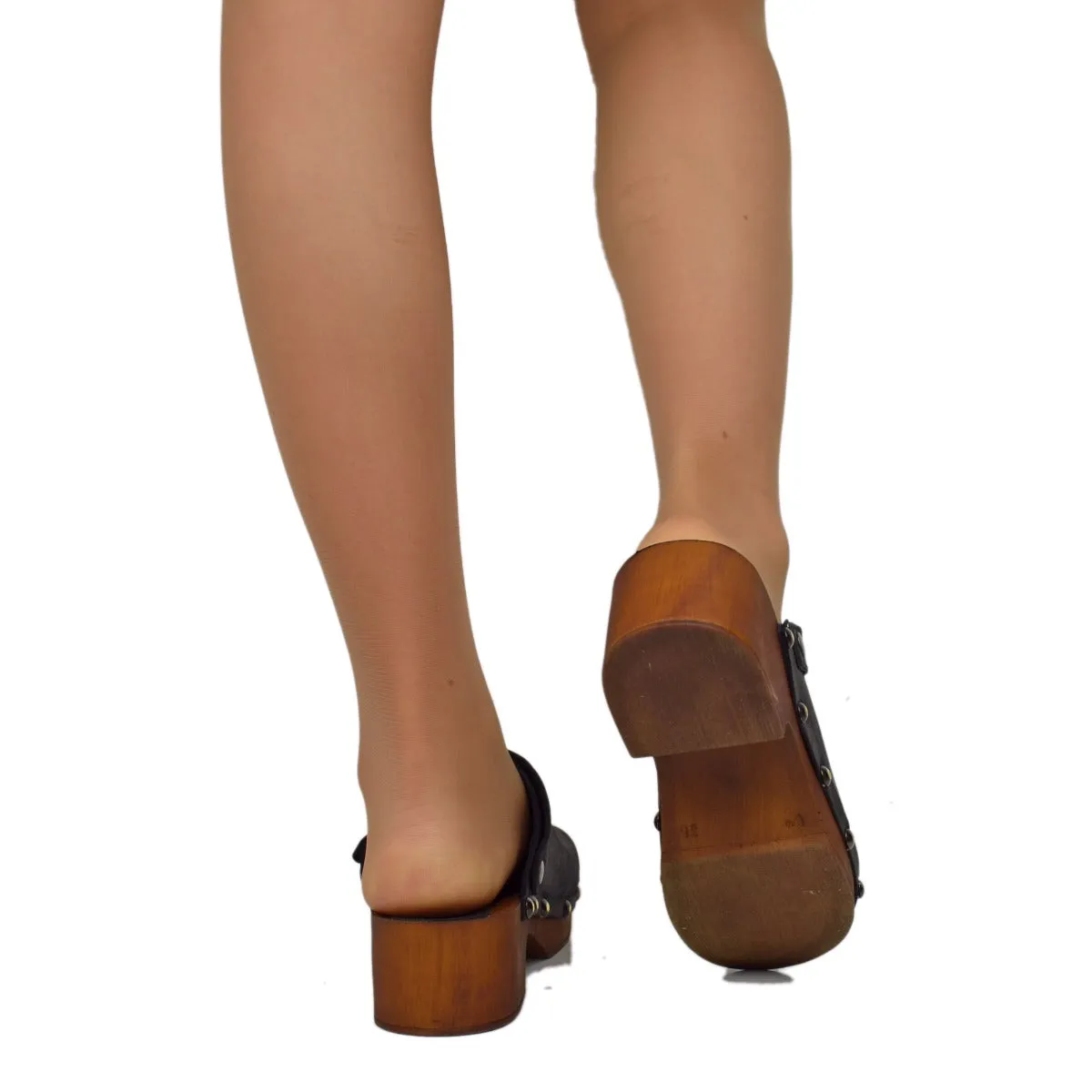 Zoccolo Donna in Pelle Ingrassata Neri Made in Italy