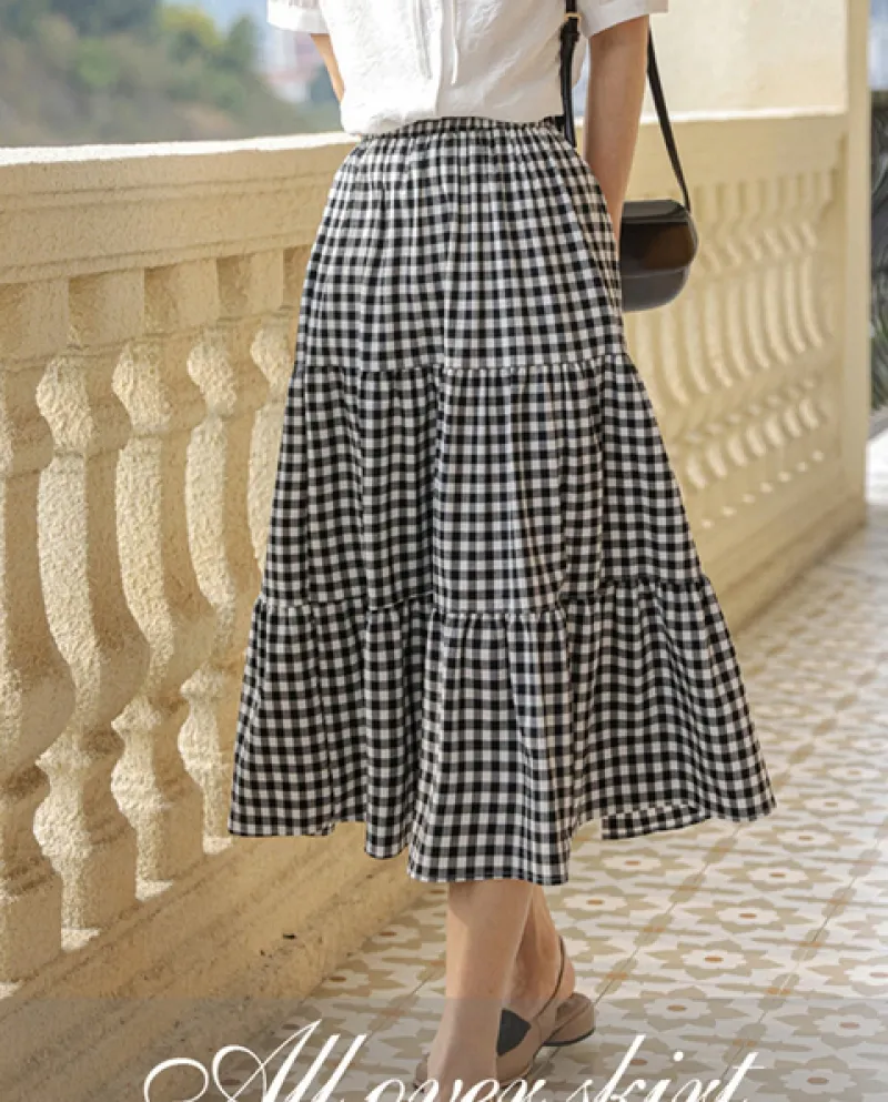 Zoki Plaid Donne Midi Gonne Estate Casual Una Linea Moda Elastico In Vita Elegante Stile Preppy Signore Gonna Sciolto Cupcake